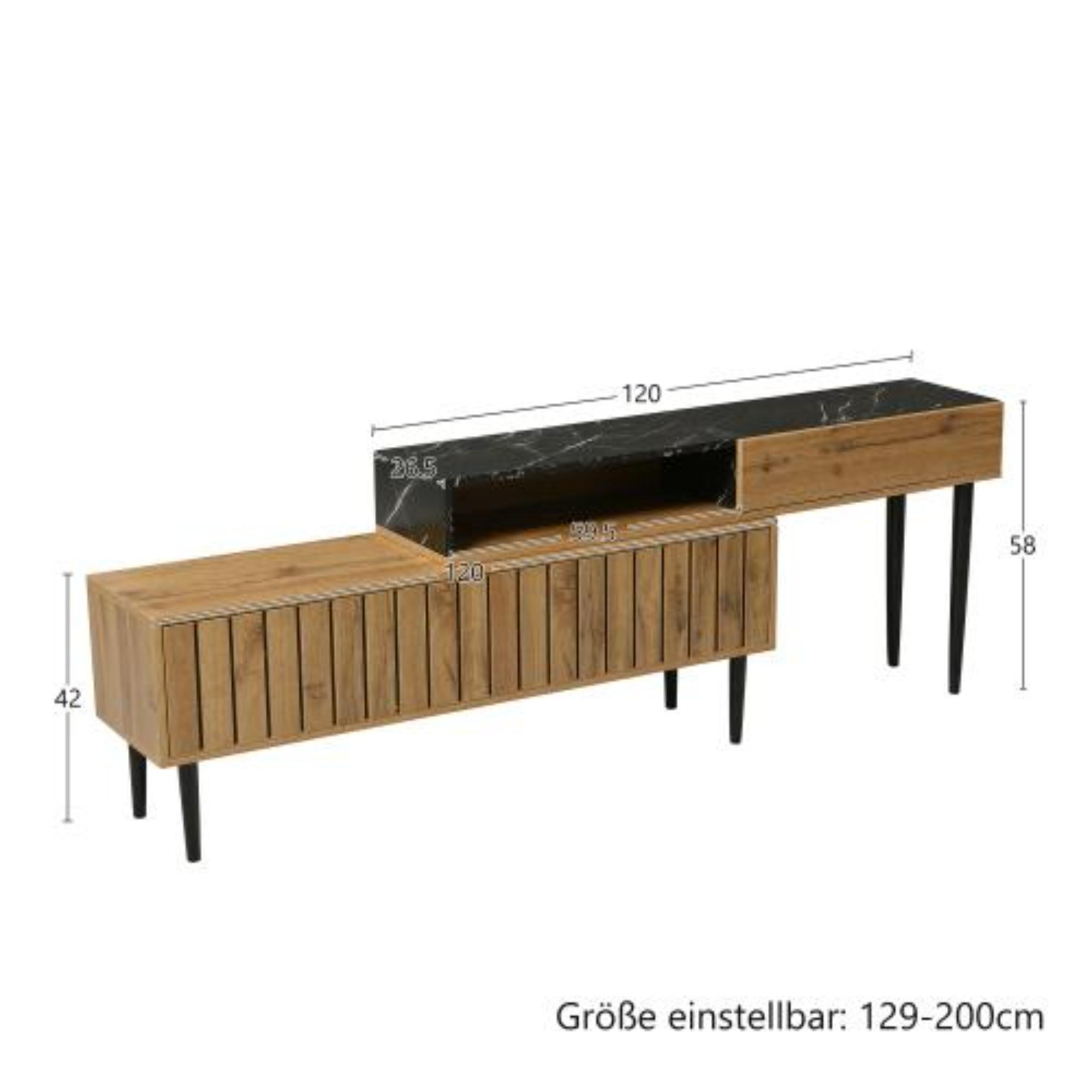 Ein TV-Ständer aus Holz und schwarzem Marmor, mit weißen Maßangaben, vor weißem Hintergrund.