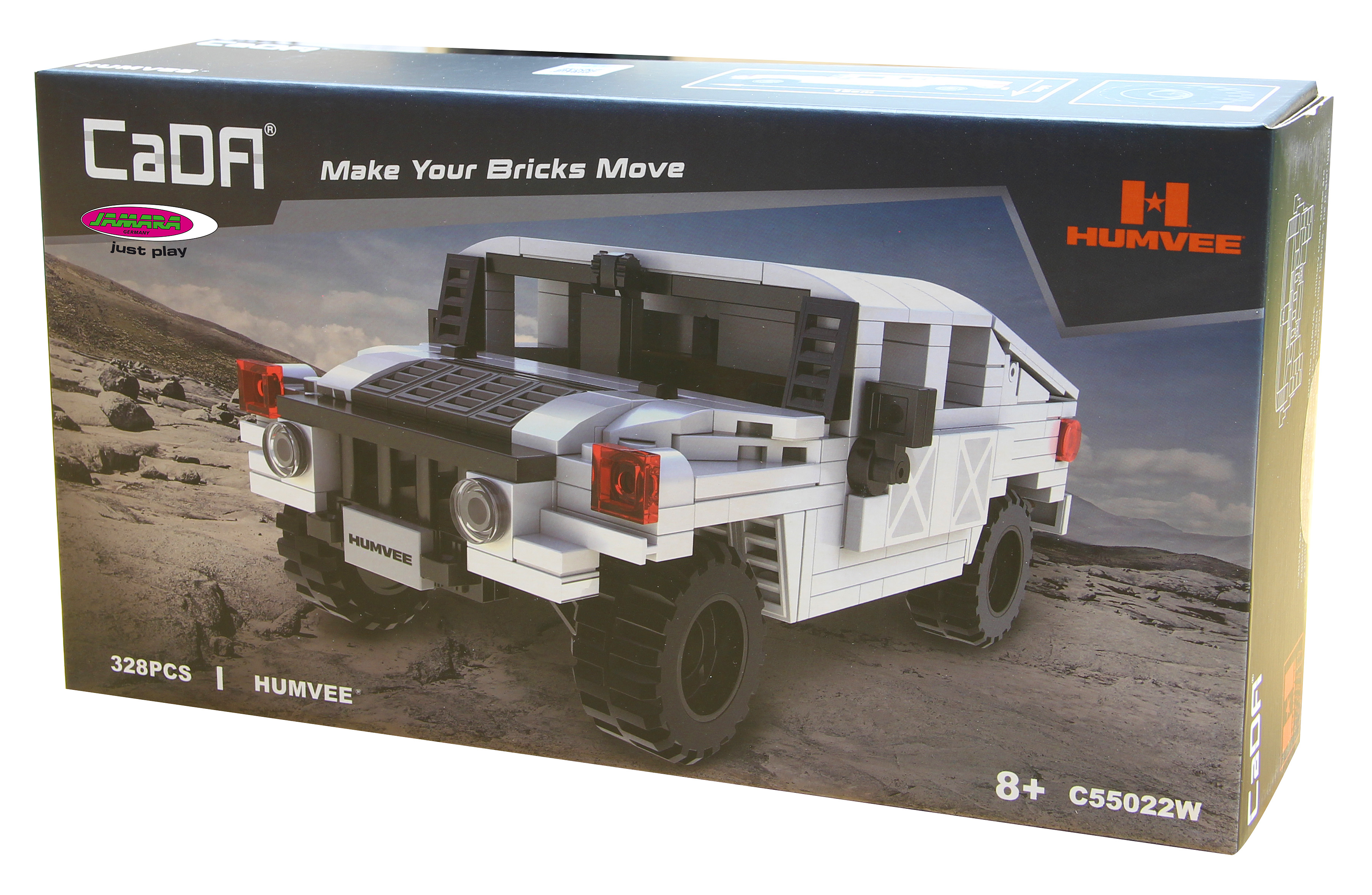 Eine Box mit dem Humvee-Spielzeug aus Blöcken. Auf der Box steht CaDA und HUMVEE. Das Spielzeug ist weiß, schwarz und rot.