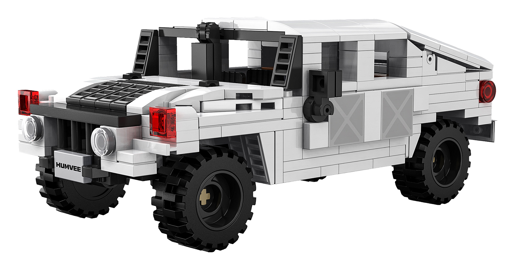 Ein weißes Lego Humvee-Modell mit schwarzen Rädern. Es hat schwarze Akzente und rote Lichter.