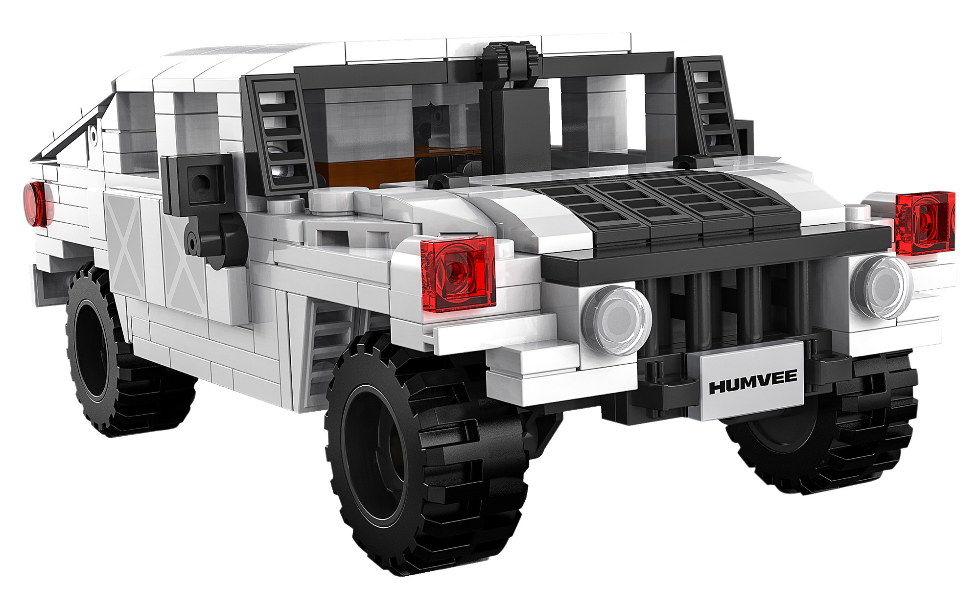 Weißes Spielzeug-Humvee aus Blöcken. Es hat schwarze Details, rote Lichter und das Wort HUMVEE auf der Vorderseite.