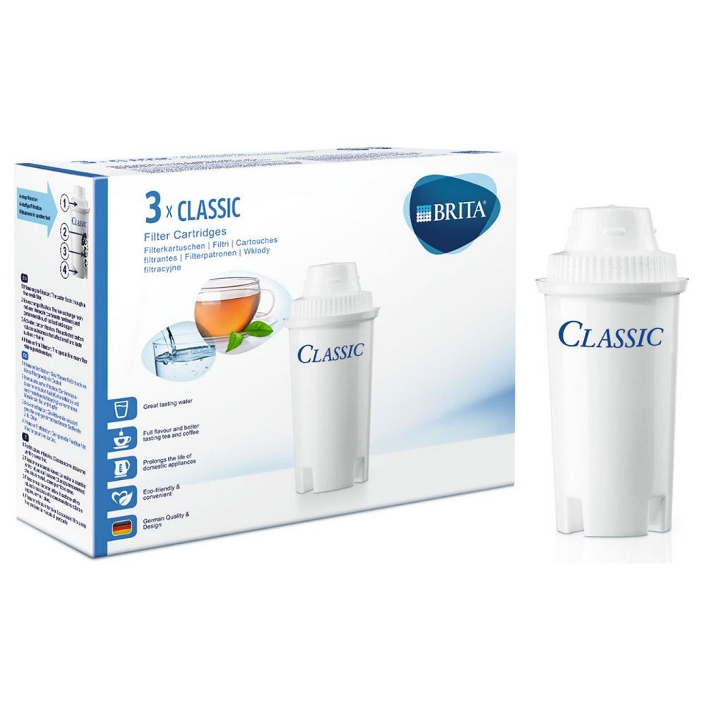 Eine Schachtel mit Brita Classic Filterpatronen und ein einzelner Filter mit Text und Illustrationen zur Wasserfiltration.