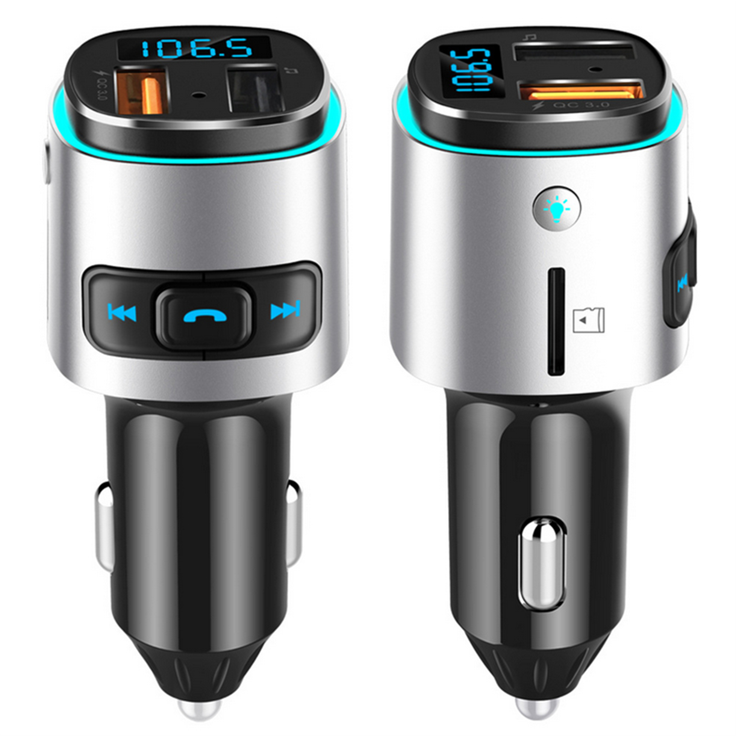 Zwei silber-schwarze Autoladeadapter mit USB-Anschlüssen und einem Display, das eine Frequenz anzeigt.