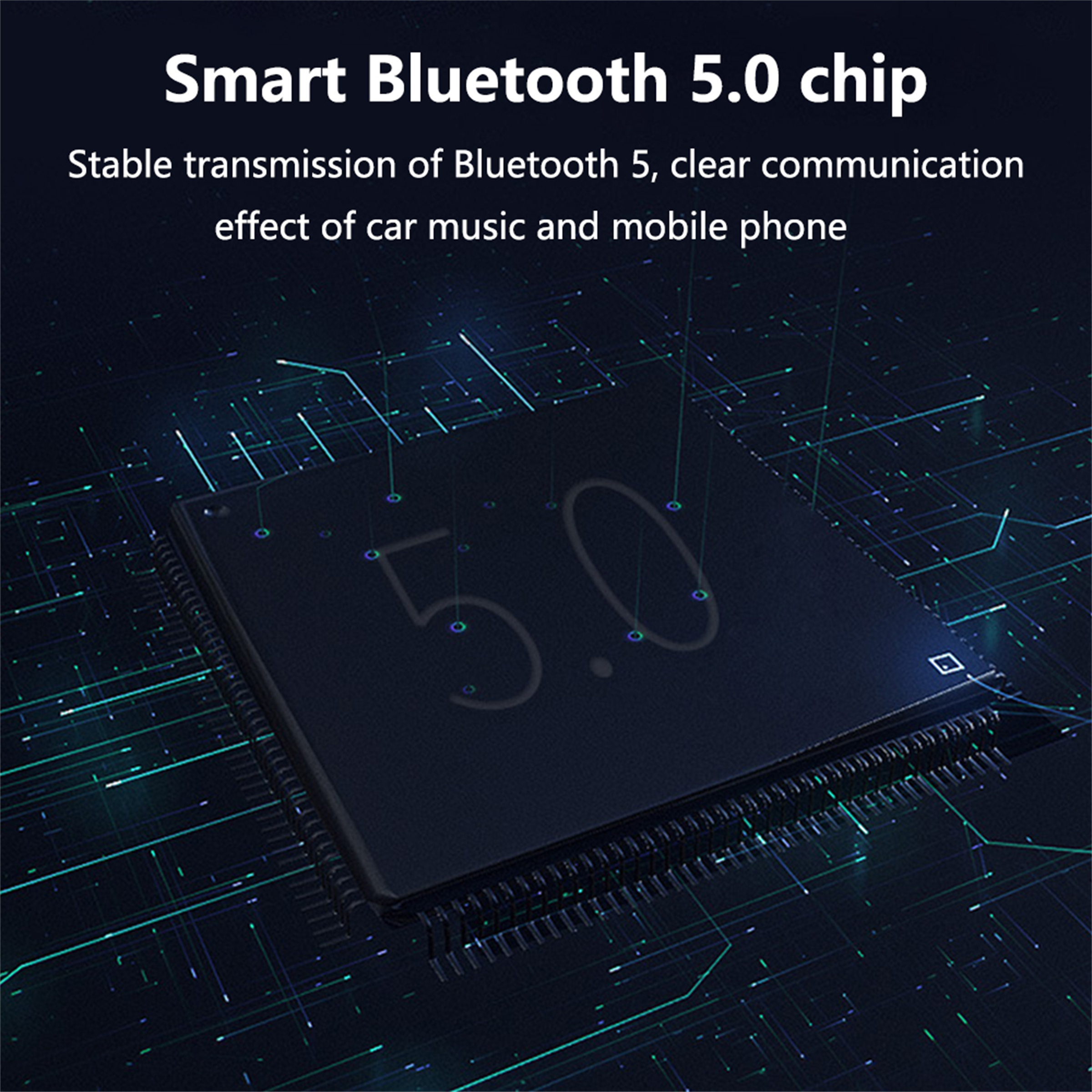 Nahaufnahme eines dunkelblauen elektronischen Chips mit 5.0 in der Mitte. Text weist darauf hin, dass es sich um einen Bluetooth 5.0 Chip handelt.