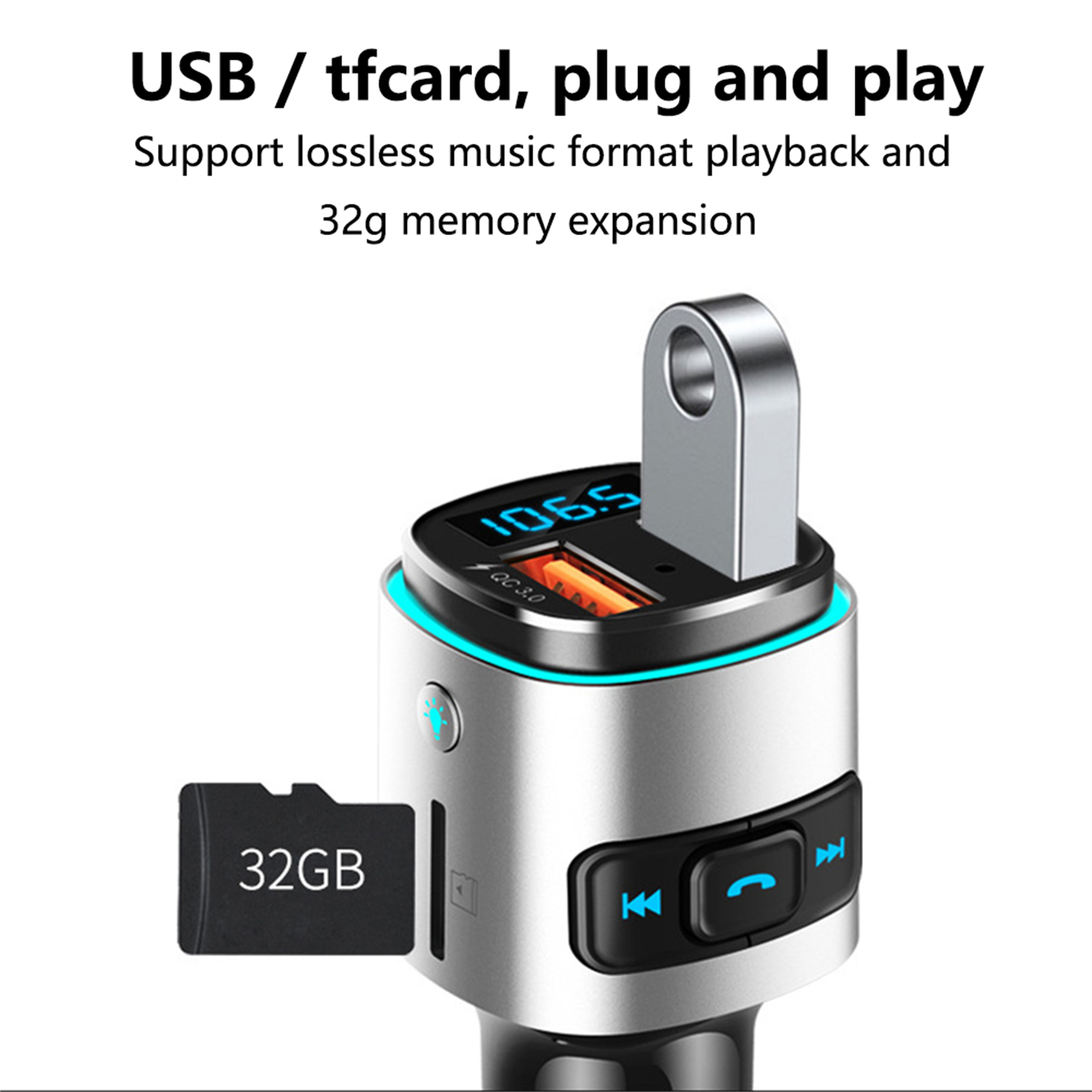 Ein elektronisches Gerät mit einem Bildschirm, der 106.5 anzeigt. Eine SD-Karte und ein USB-Anschluss sind sichtbar. Text: USB/tfcard, Plug and Play.