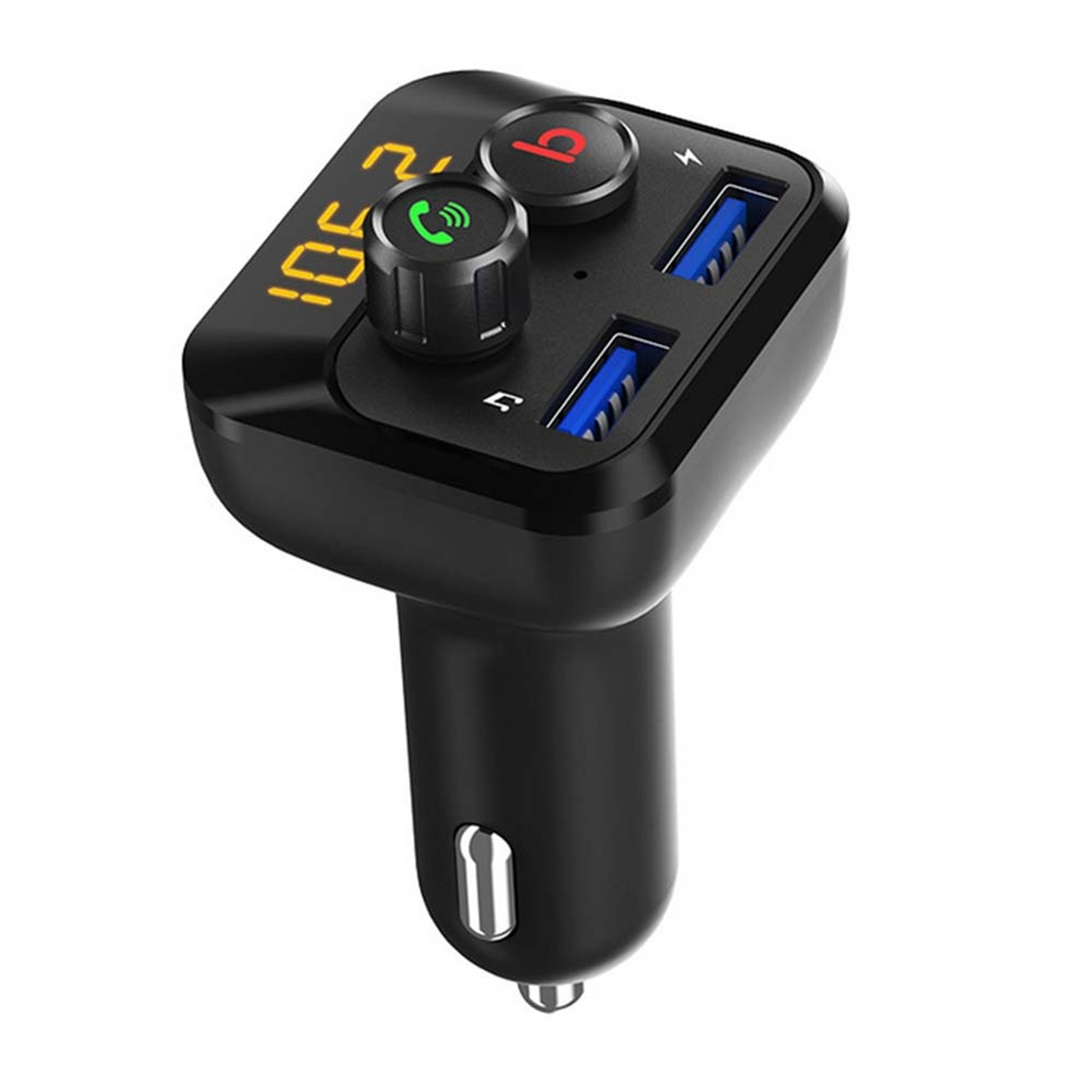 Ein schwarzes Autoladegerät mit USB-Anschlüssen und Knöpfen. Ein Display zeigt die Frequenz.