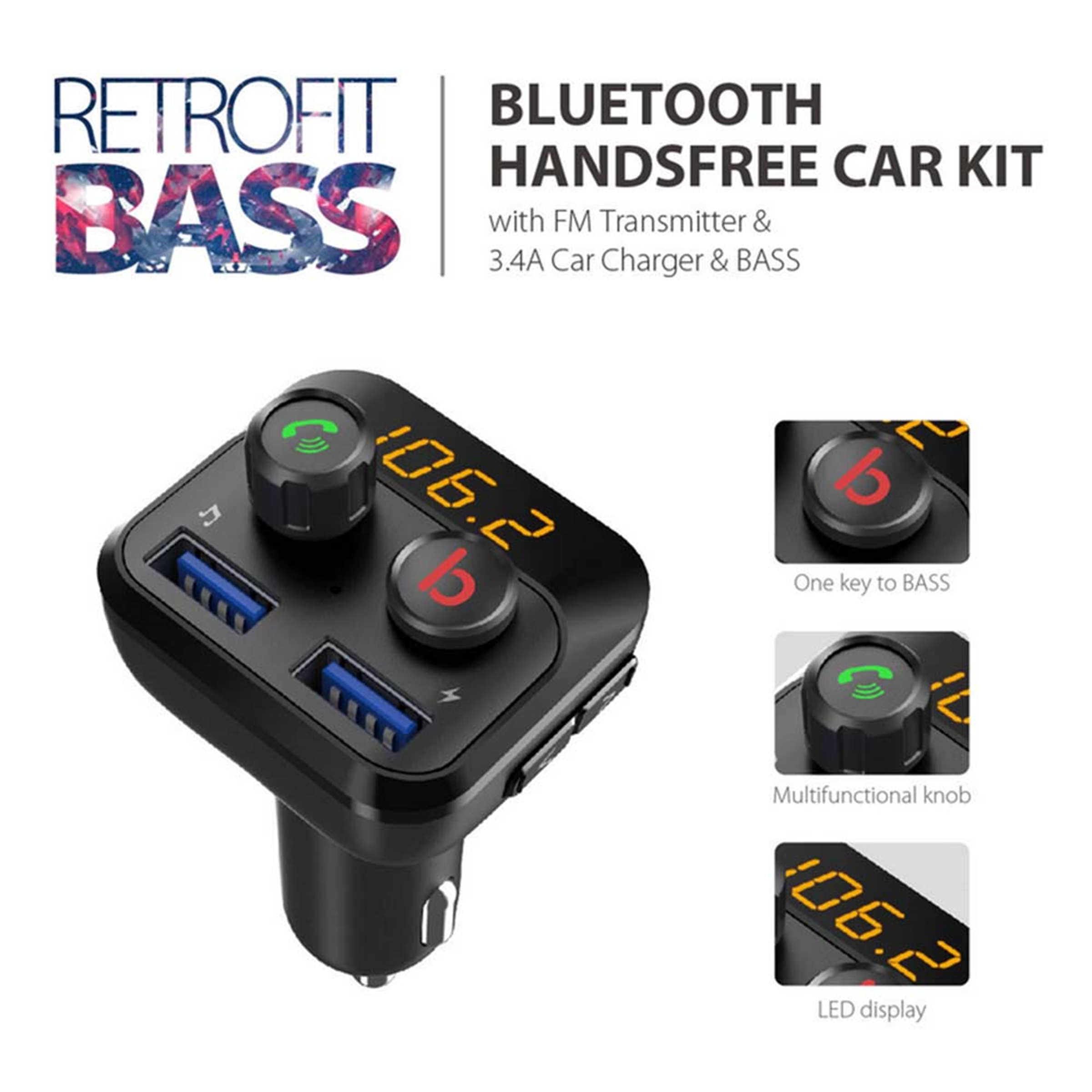 Schwarzes Bluetooth-Freisprech-Autokit mit FM-Transmitter, Ladegerät und Bassreglern und Display.