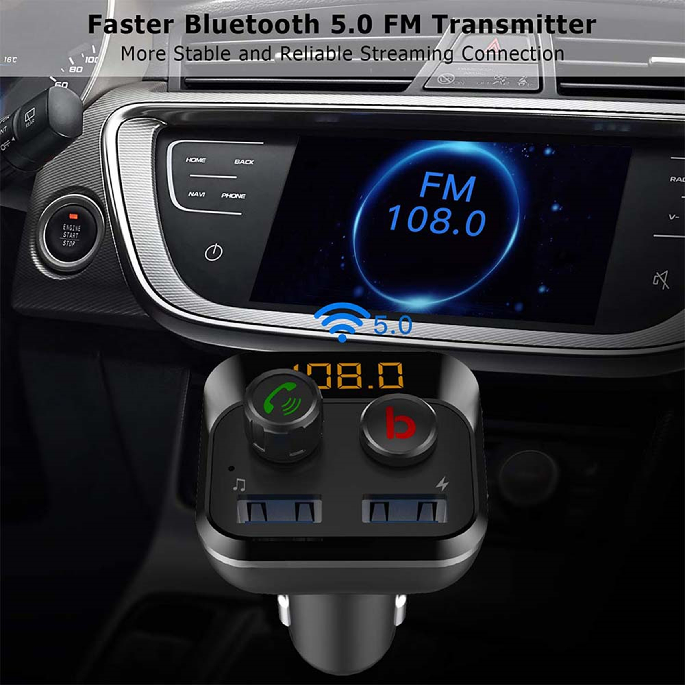 Ein FM-Transmitter in einer Fahrzeugumgebung mit dem Bildschirm, der 108.0 anzeigt. Er hat USB-Anschlüsse. Text: Schnelleres Bluetooth 5.0.