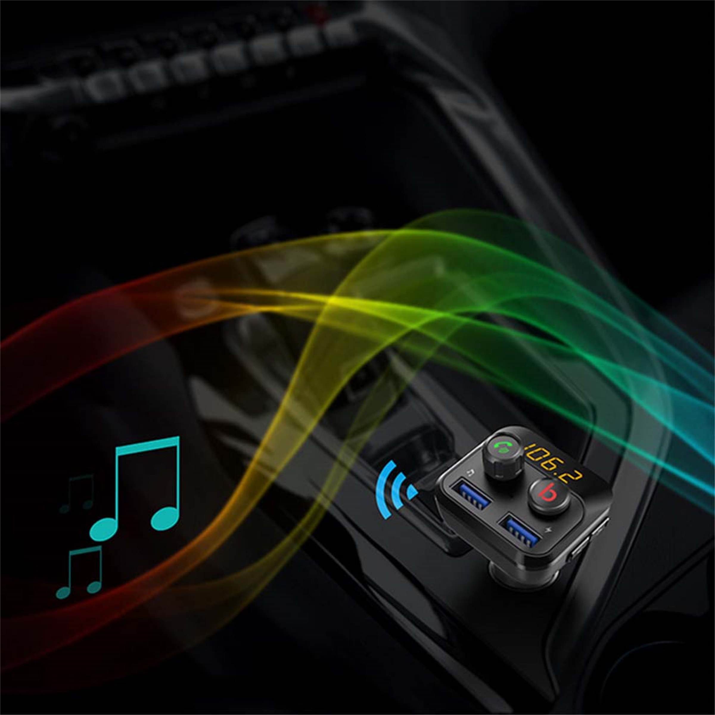 Ein USB-Autoladegerät mit Noten und farbigem Wellendesign. Es befindet sich im Auto.