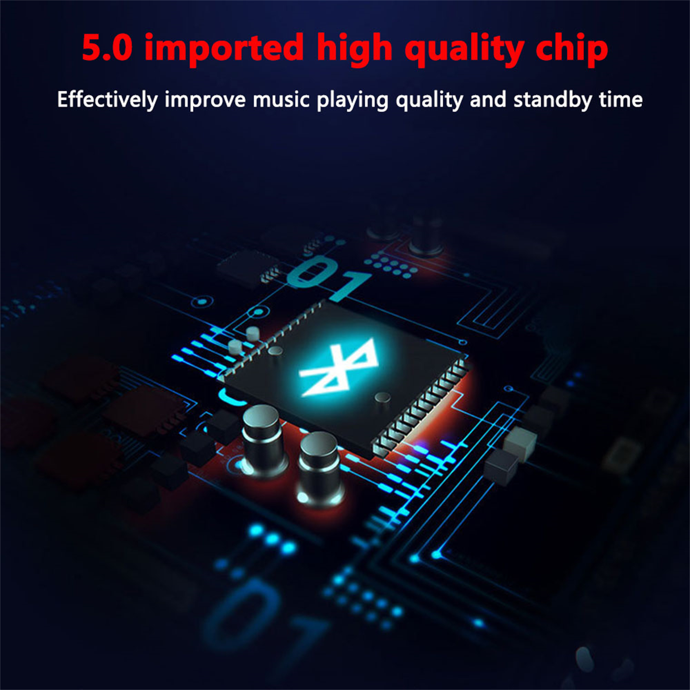 Nahaufnahme einer blauen Leiterplatte mit einem Bluetooth-Logo. Text lautet "5.0 importierter hochwertiger Chip".