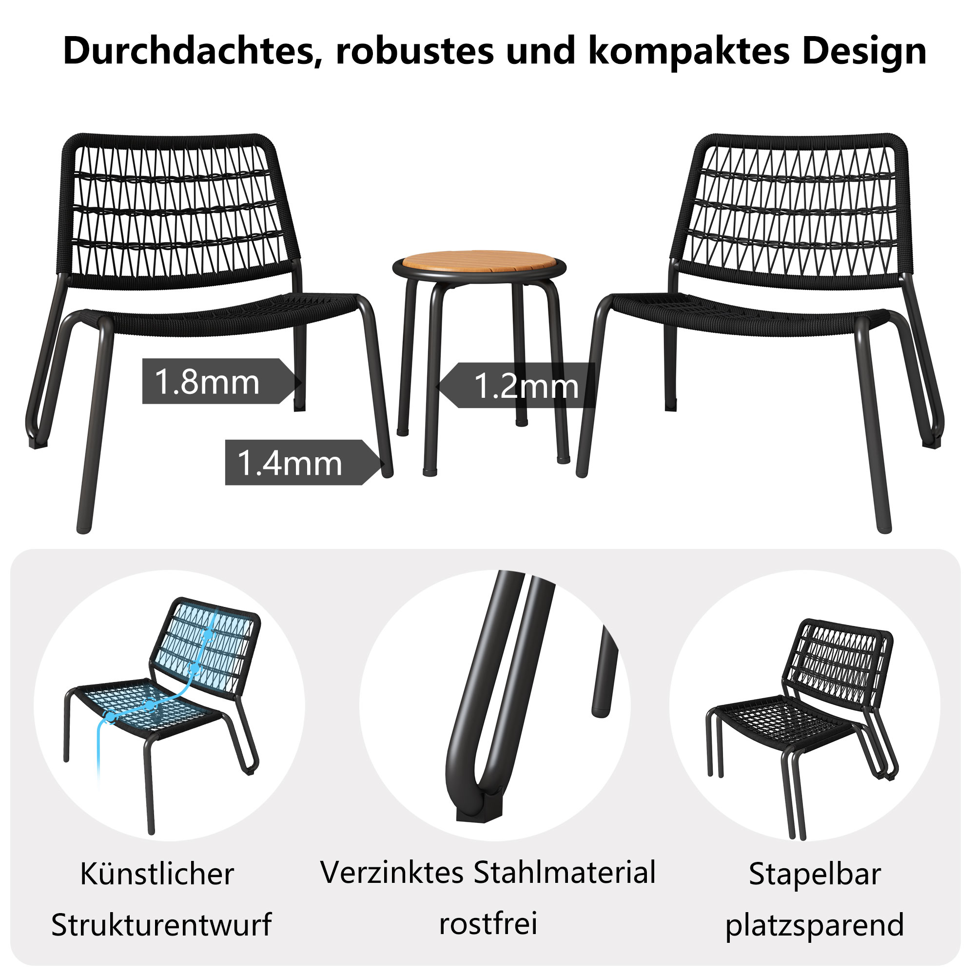 Zwei schwarze Stühle und ein kleiner Tisch. Die Stühle haben einen schwarzen Rahmen und einen gewebten Sitz.