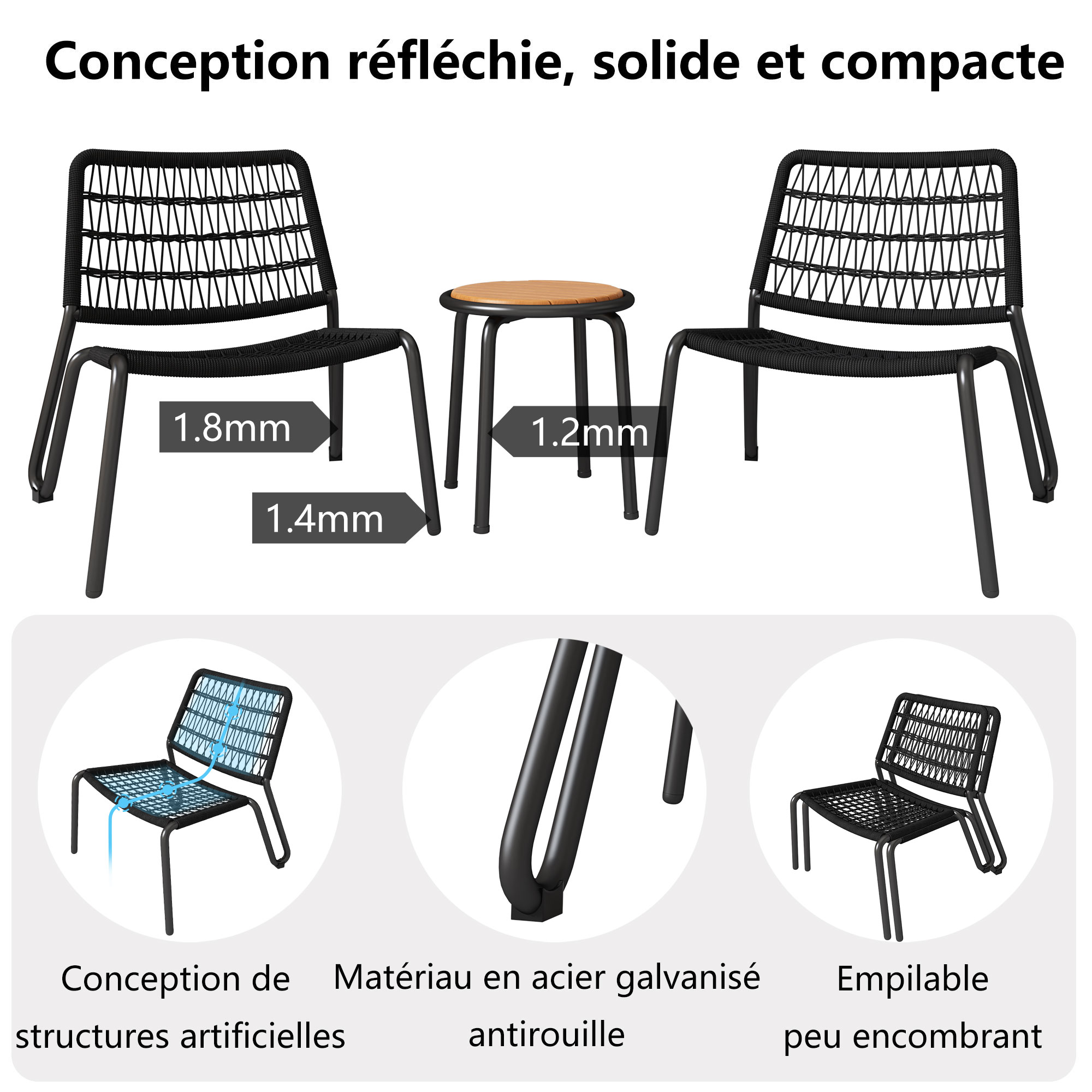 Zwei schwarze Stühle und ein kleiner Tisch. Die Stühle haben einen schwarzen Rahmen und einen gewebten Sitz.