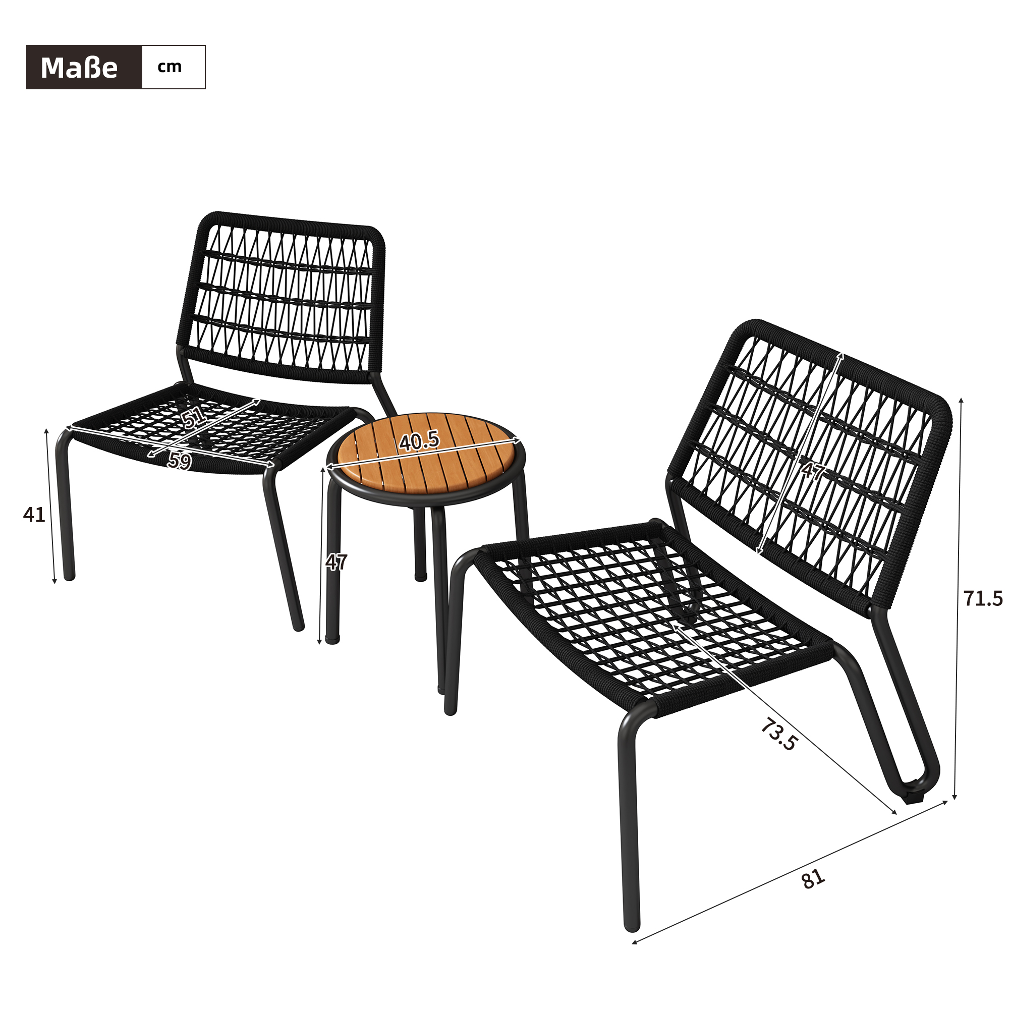 Zwei schwarze Stühle und ein kleiner Tisch. Die Stühle haben einen schwarzen Rahmen und einen gewebten Sitz.