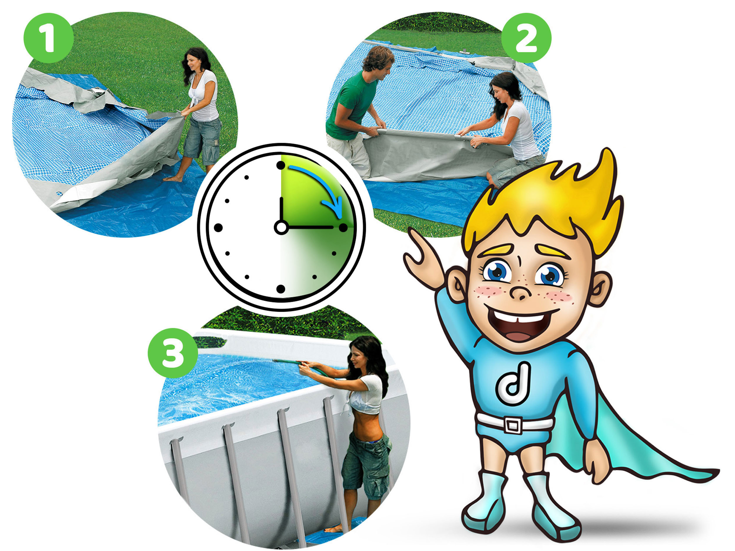 Kroki instalacji basenu z postacią z kreskówki i numerowanymi ilustracjami.