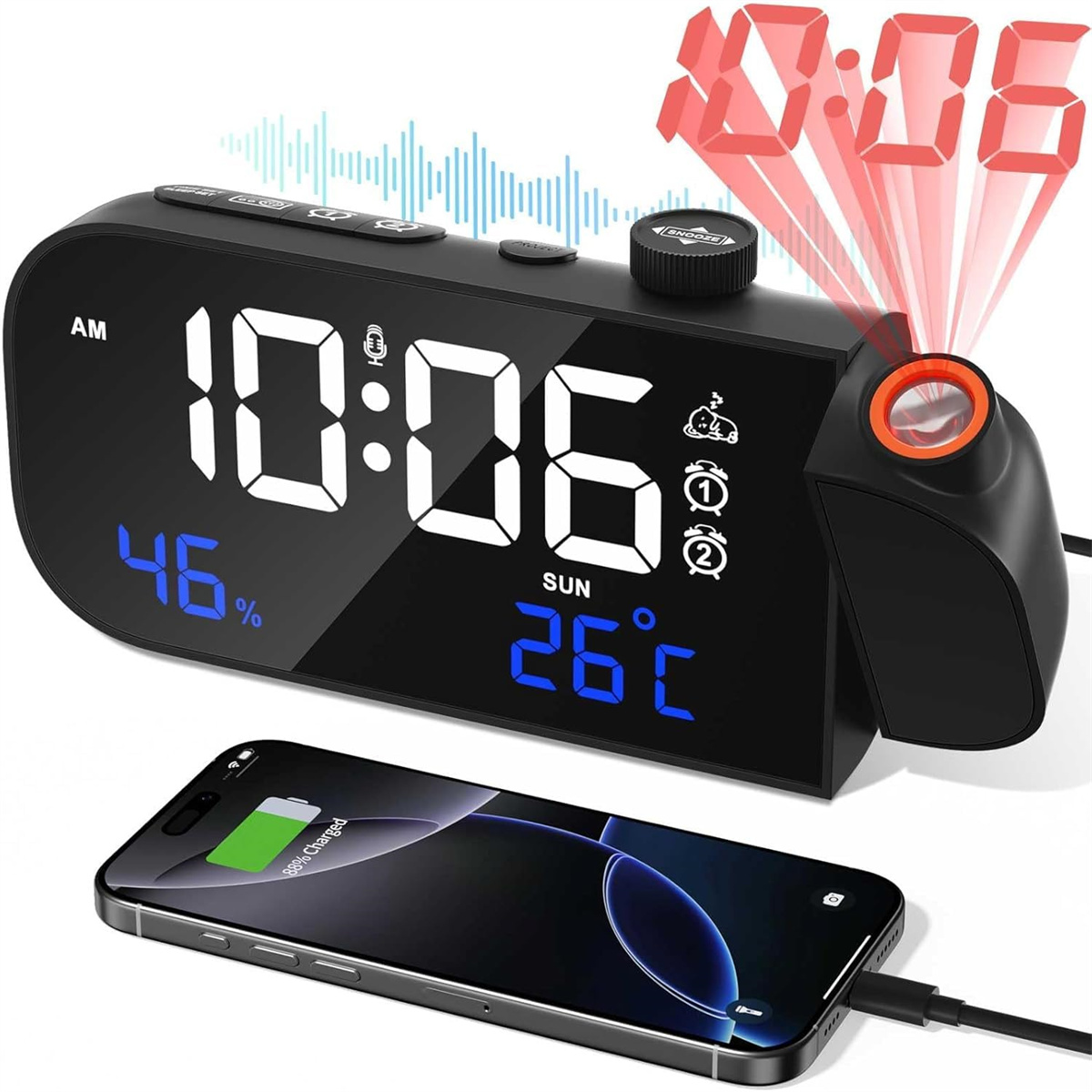Schwarzer digitaler Wecker mit Telefonladung, Zeitprojektion.
