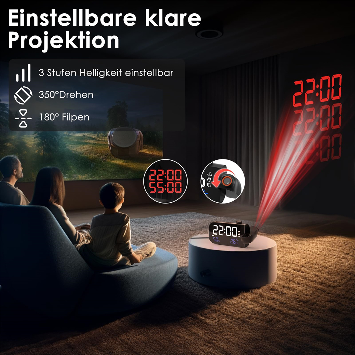 Ein Projektor, der die Uhrzeit anzeigt, mit einer Uhr auf einem Tisch. Menschen betrachten das projizierte Bild.