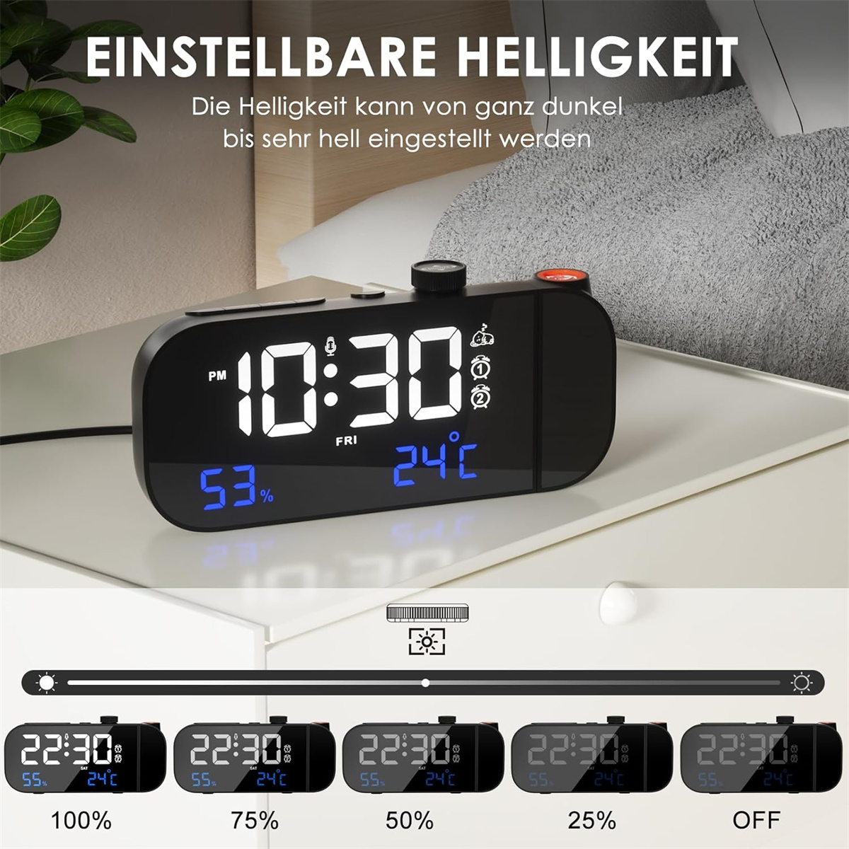 Schwarzer digitaler Wecker mit Anzeige von Zeit und Temperatur, verschiedene Helligkeitseinstellungen.