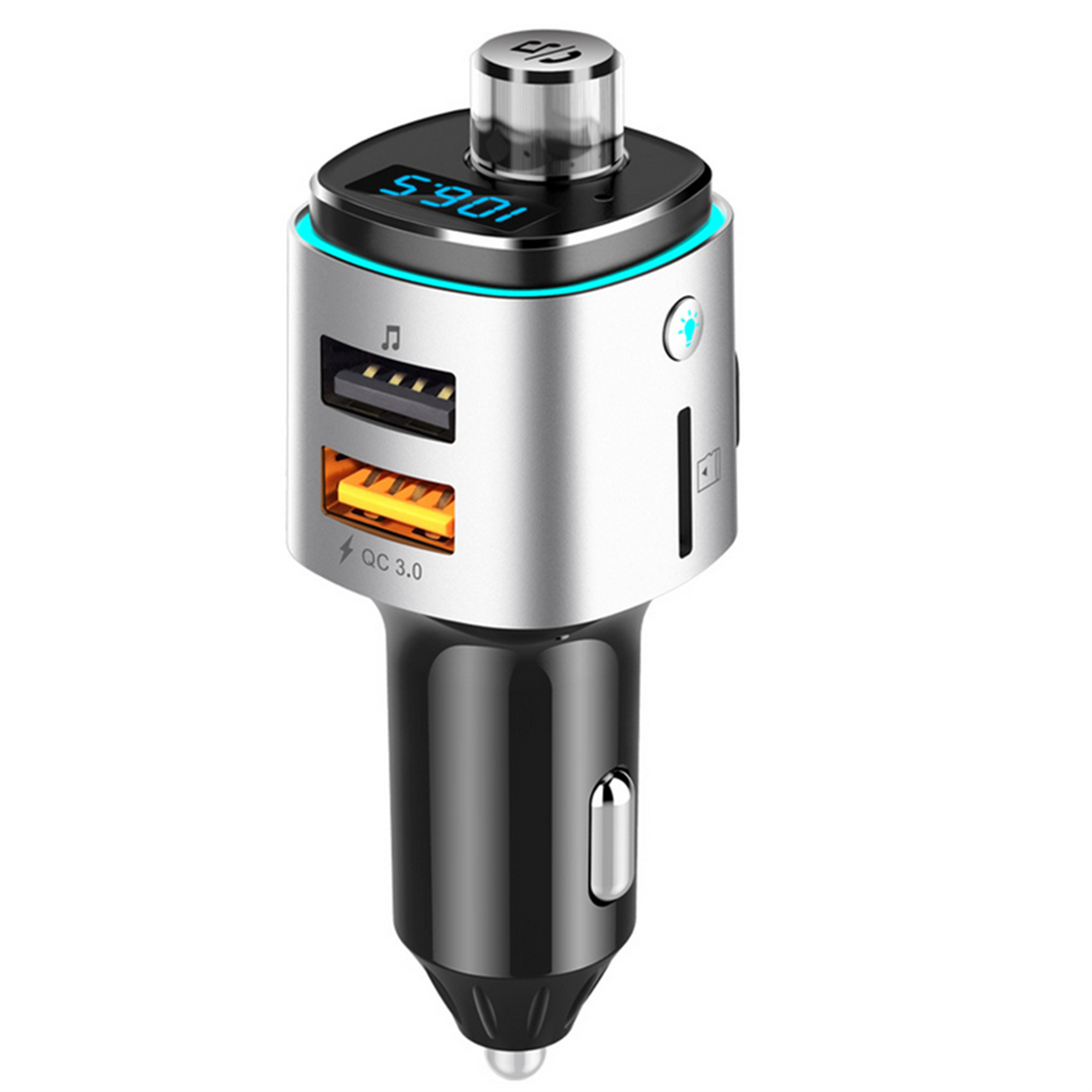 Silbernes Autoladegerät mit zwei USB-Anschlüssen und digitaler Anzeige mit Zahlen.