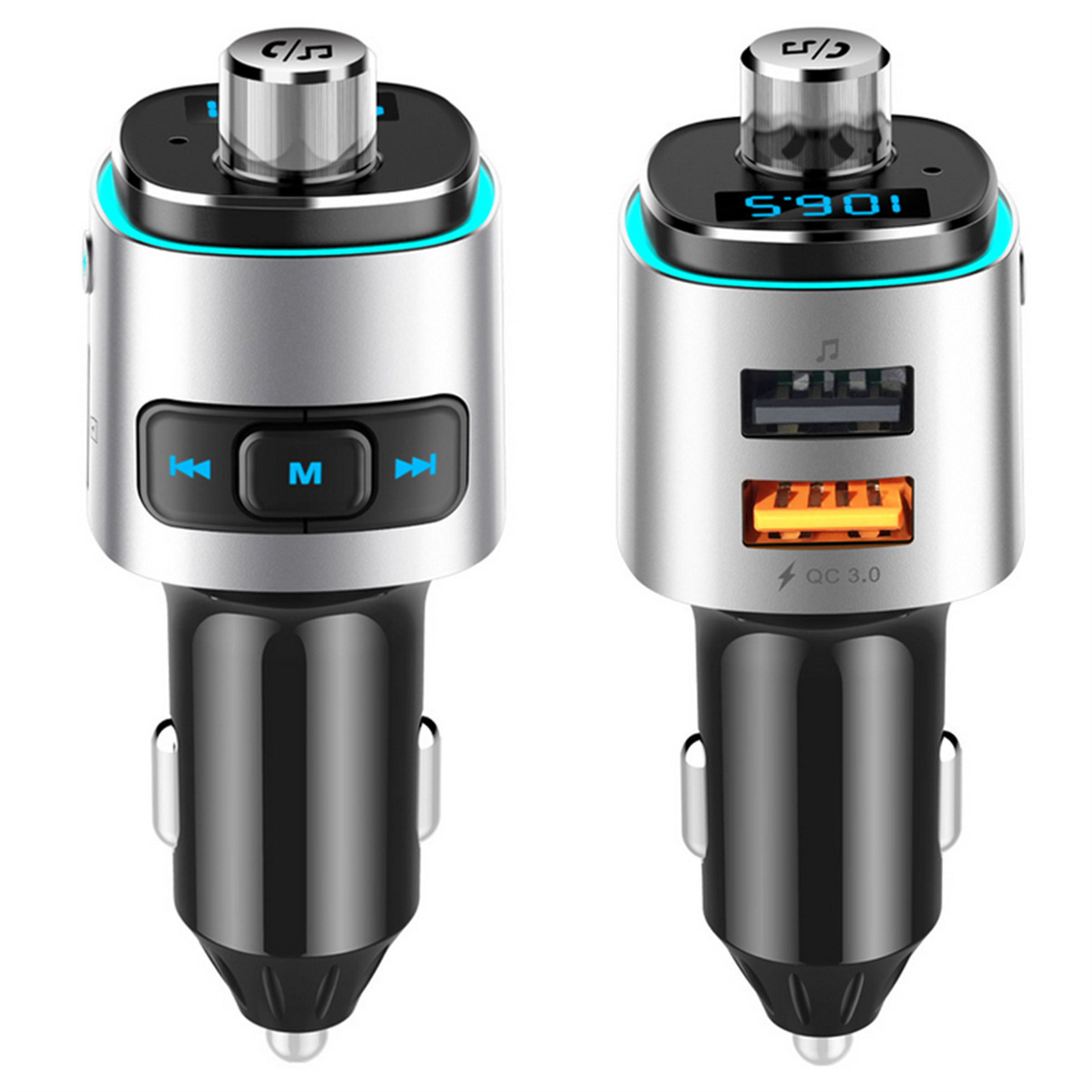 Silbernes und schwarzes Autogerät mit blauen und orangenen Lichtern. Display zeigt Zahlen und zwei USB-Anschlüsse.