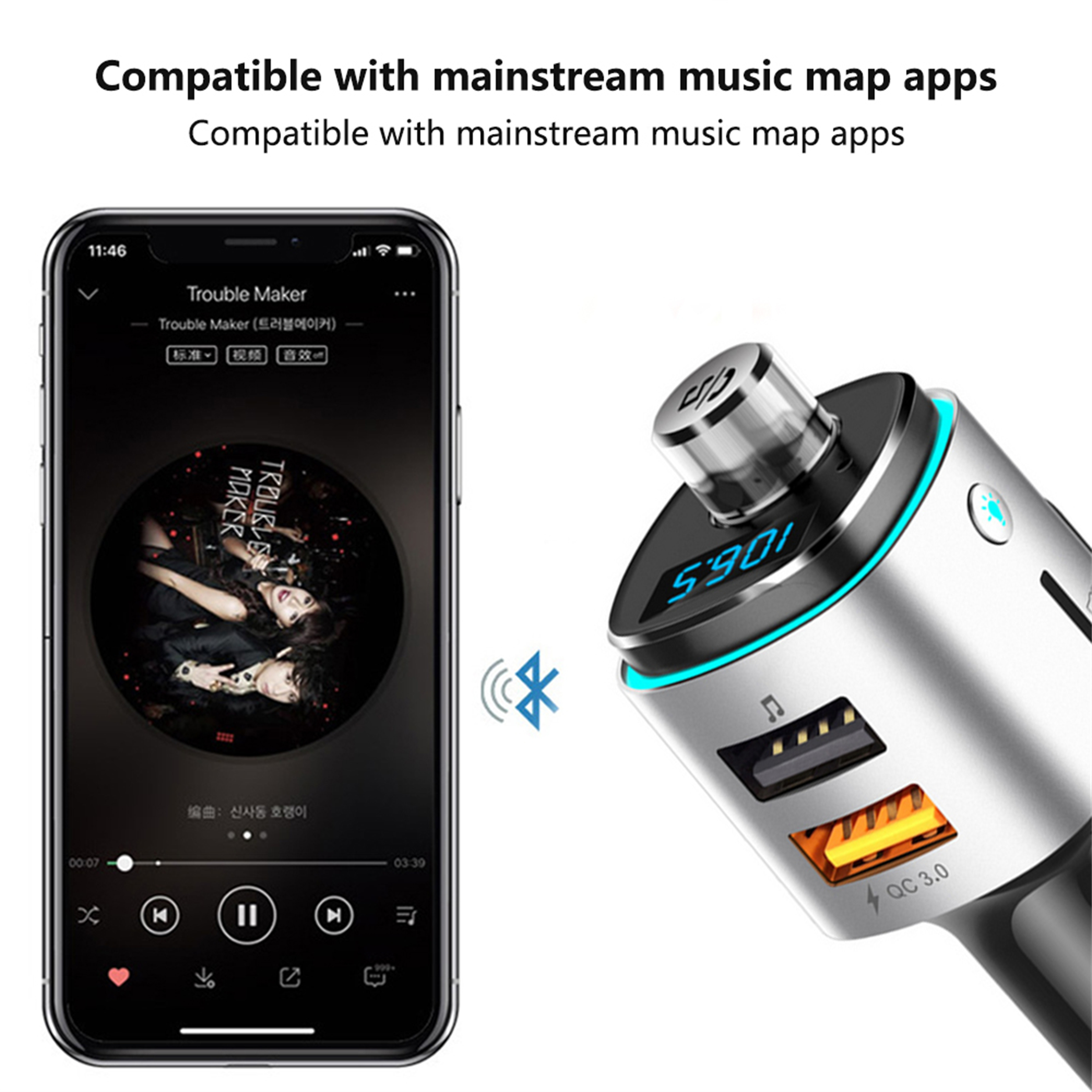Ein Smartphone ist mit einem Autoladegerät verbunden, das Musik mit Bluetooth anzeigt.