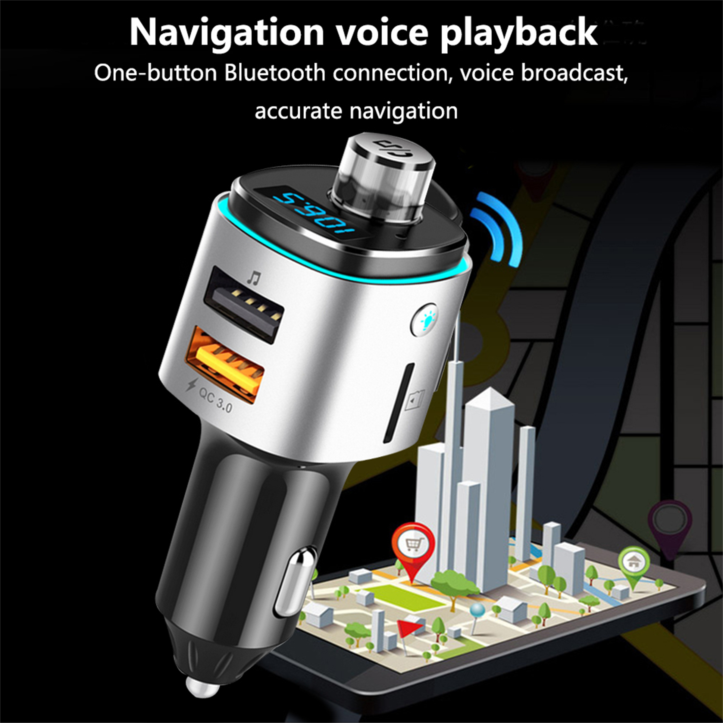 Ein silbernes Bluetooth-Autoladegerät mit Bildschirm, Tasten und Kartendarstellung auf einem Telefon.