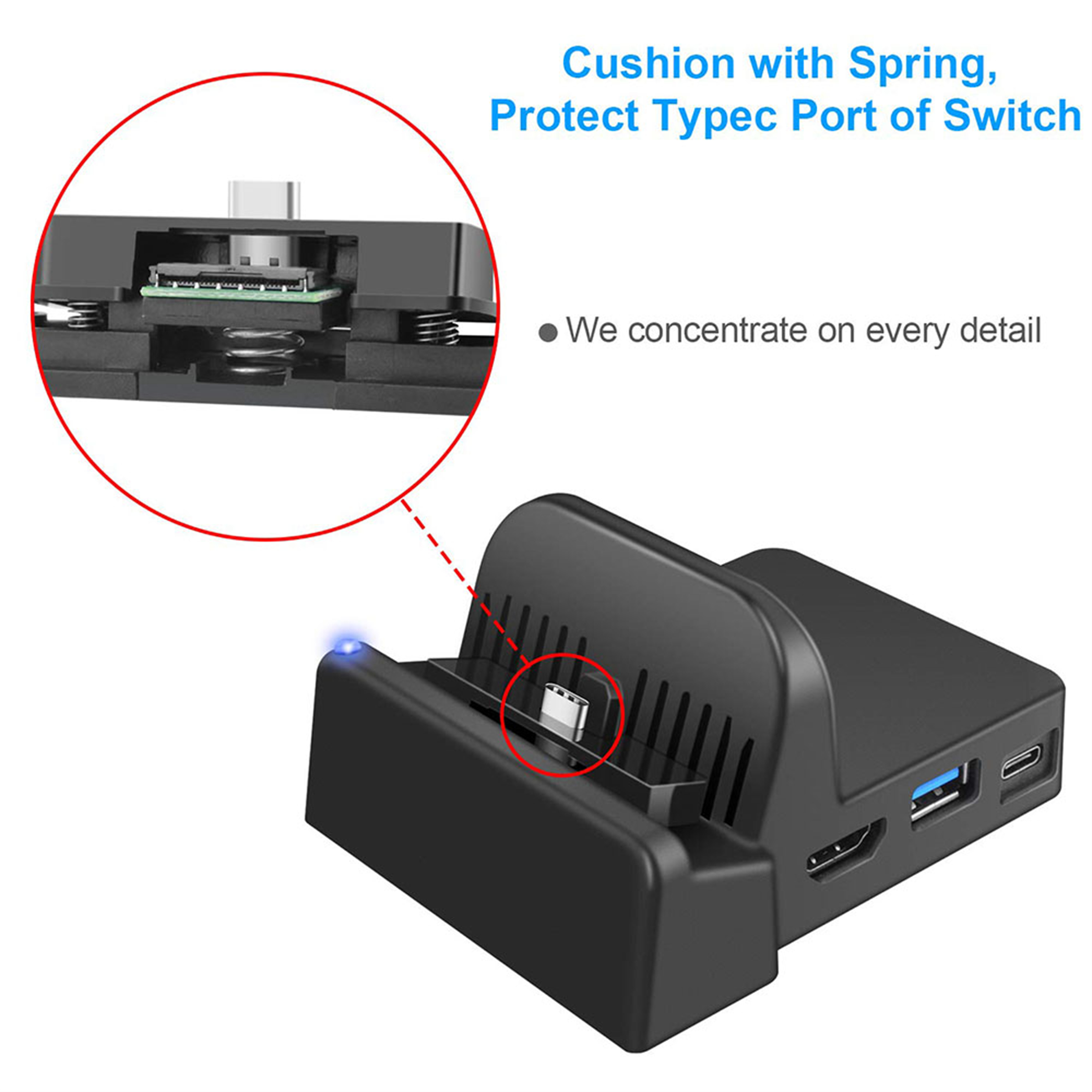 Nahaufnahme eines schwarzen Docks für die Nintendo Switch, die das Kissen und den Typ-C-Anschluss hervorhebt.