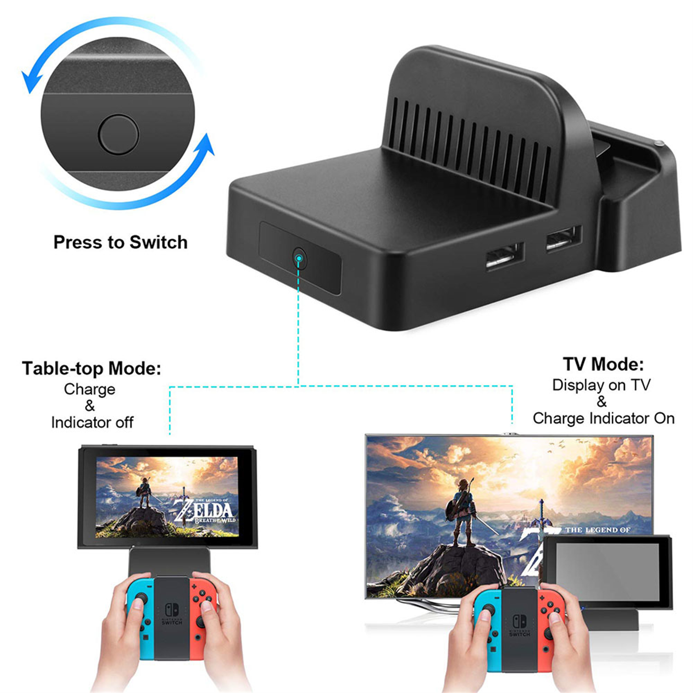 Nintendo Switch Dock mit Tisch- und TV-Modus: Laden und Kontrollleuchte. Anzeige auf dem Fernseher mit Controller.