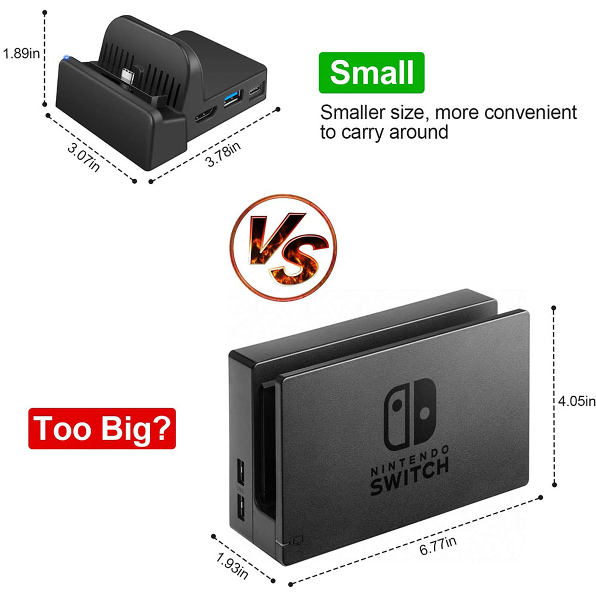 Nintendo Switch-Konsole mit Ladestation. Vergleich zwischen einer kleinen und einer großen Dockingstation.
