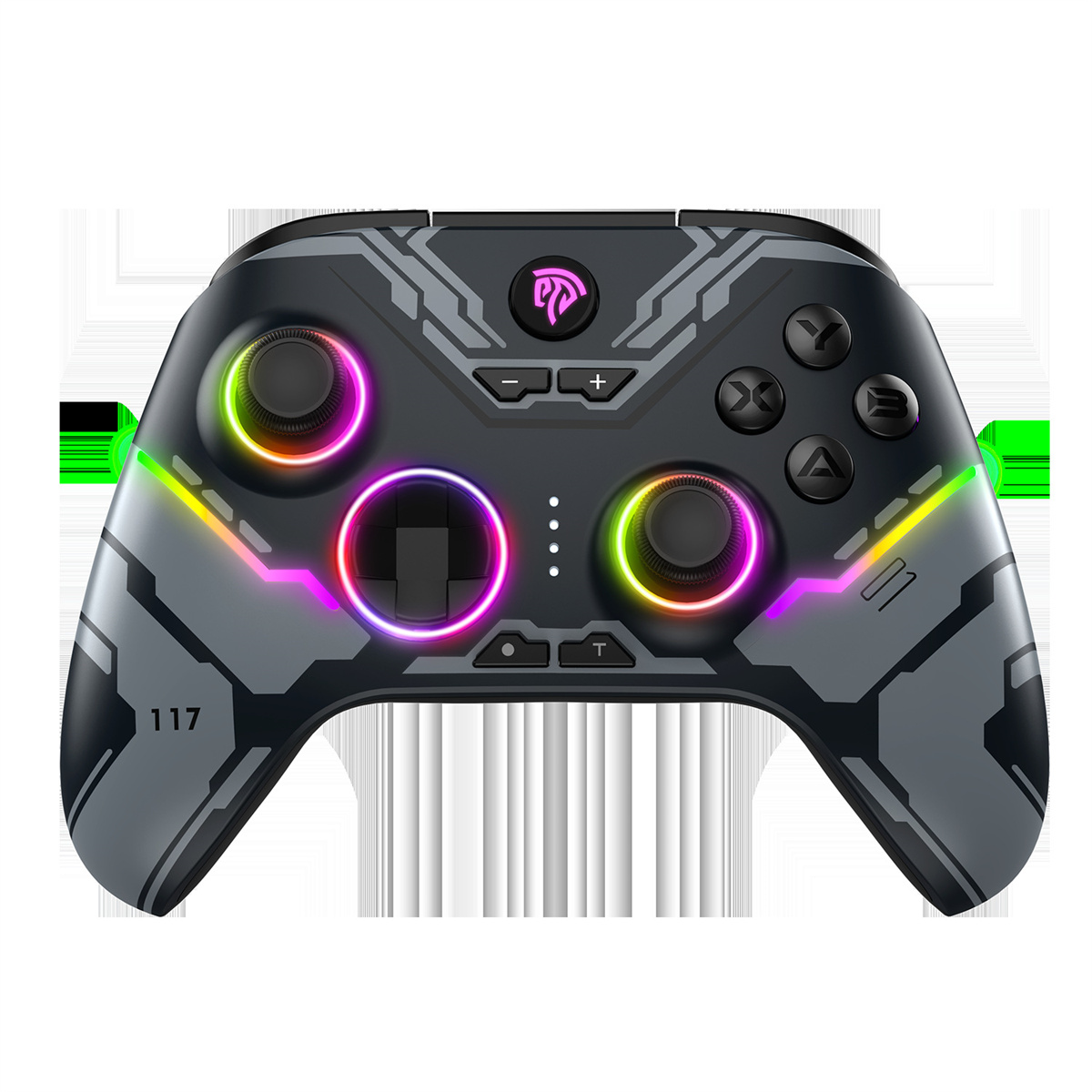 Ein schwarz-graues Gamepad mit bunten Lichtern um die Joysticks und Tasten. Es hat die Nummer 117 auf der Seite.