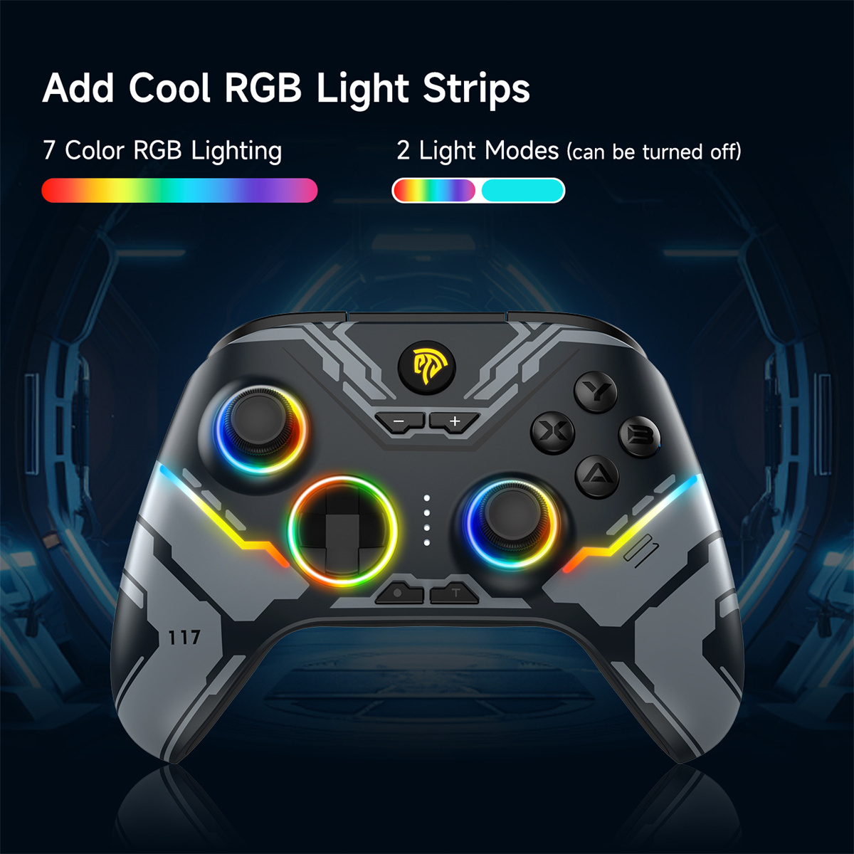 Ein schwarz-graues Gamepad mit bunten Lichtern. Es hat die Nummer 117 auf der Seite. Oben steht 'Add Cool RGB Light Strips'.