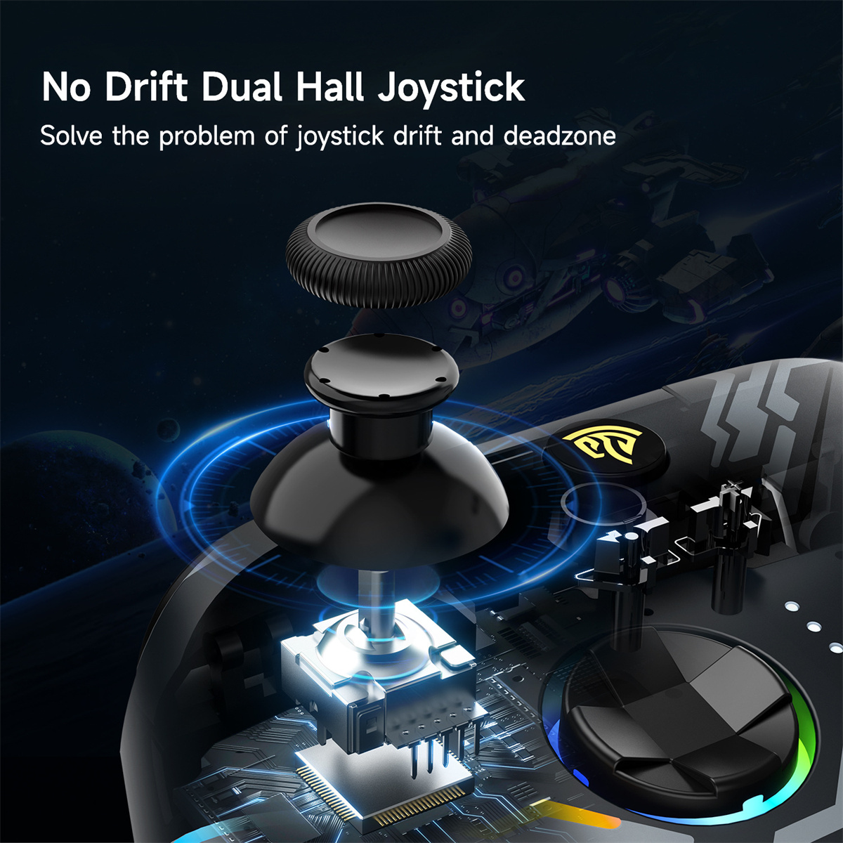 Nahaufnahme eines Gamepad-Joysticks. Das Bild zeigt die inneren Komponenten des Joysticks und des Controllers.