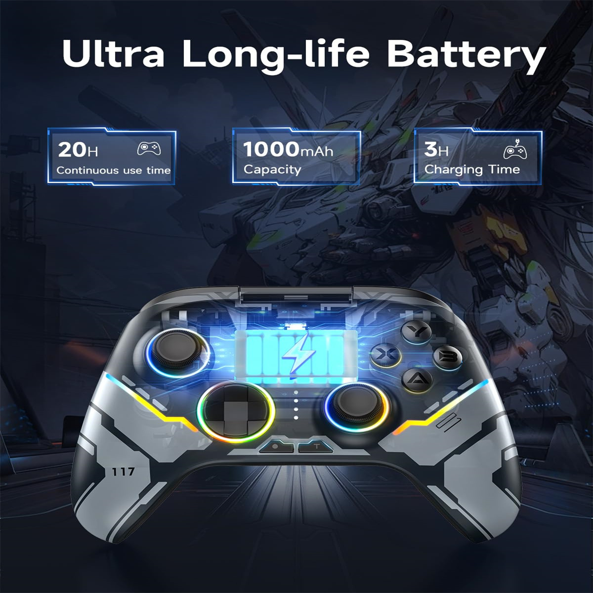 Ein Gamepad mit geöffneter Oberseite, das die inneren Komponenten zeigt. Text zeigt 20h, 1000mAh und 3H. Nummer 117 sichtbar.