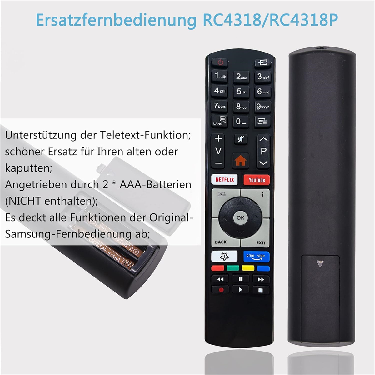 Zwei Fernbedienungen, eine mit Knöpfen und die andere ein schlichtes schwarzes Design. Text auf Deutsch ist sichtbar.