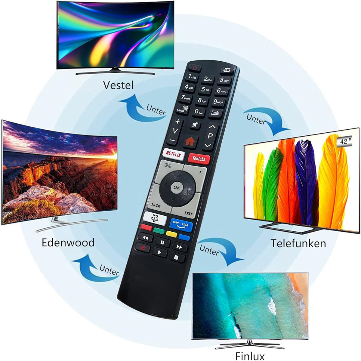 Fernbedienung zeigt auf verschiedene Fernseher: Vestel, Edenwood, Telefunken und Finlux.