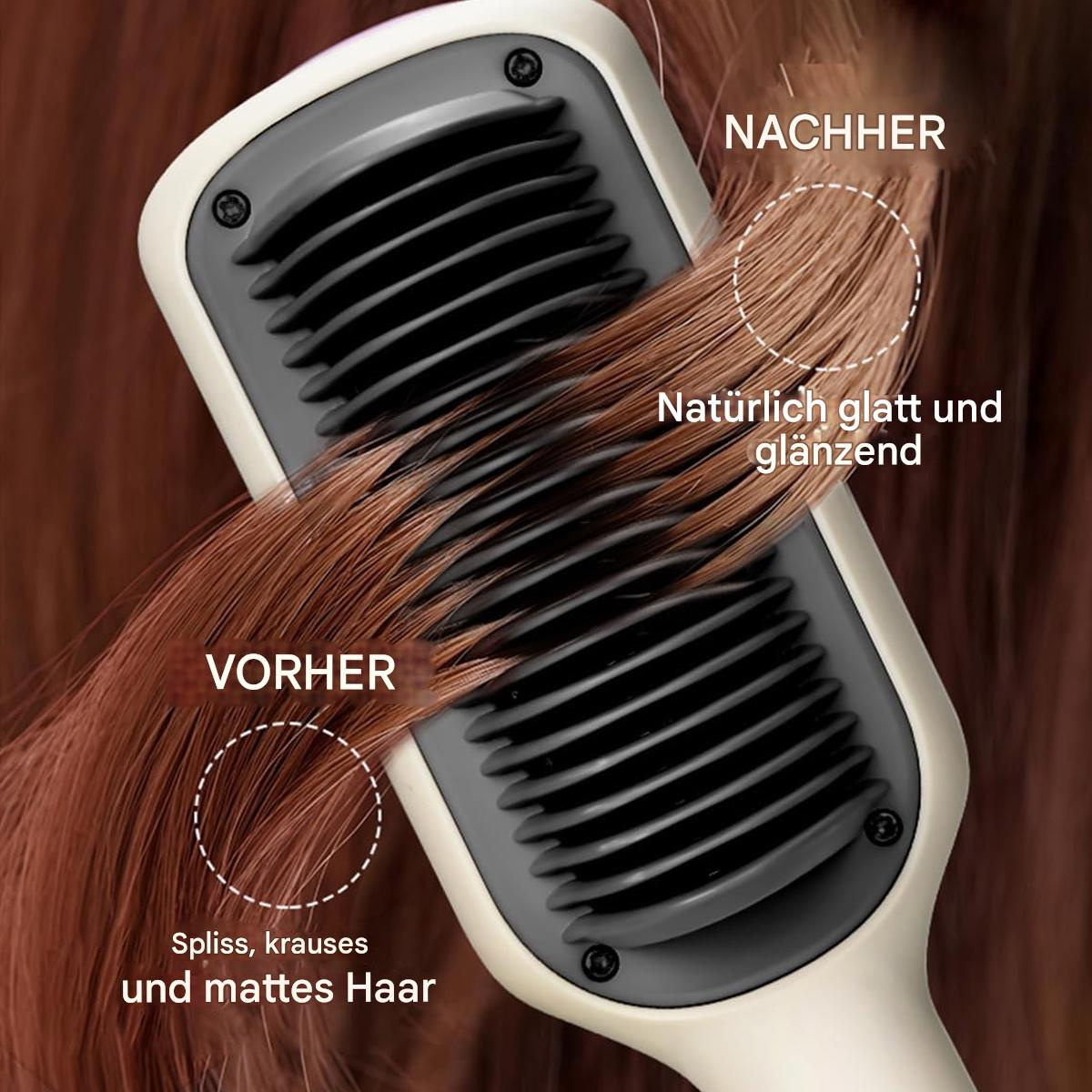 Haarglätter mit Vorher/Nachher-Bildern: vorher - krauses Haar, nachher - glattes und glänzendes Haar. Die Mitte zeigt den Kamm.