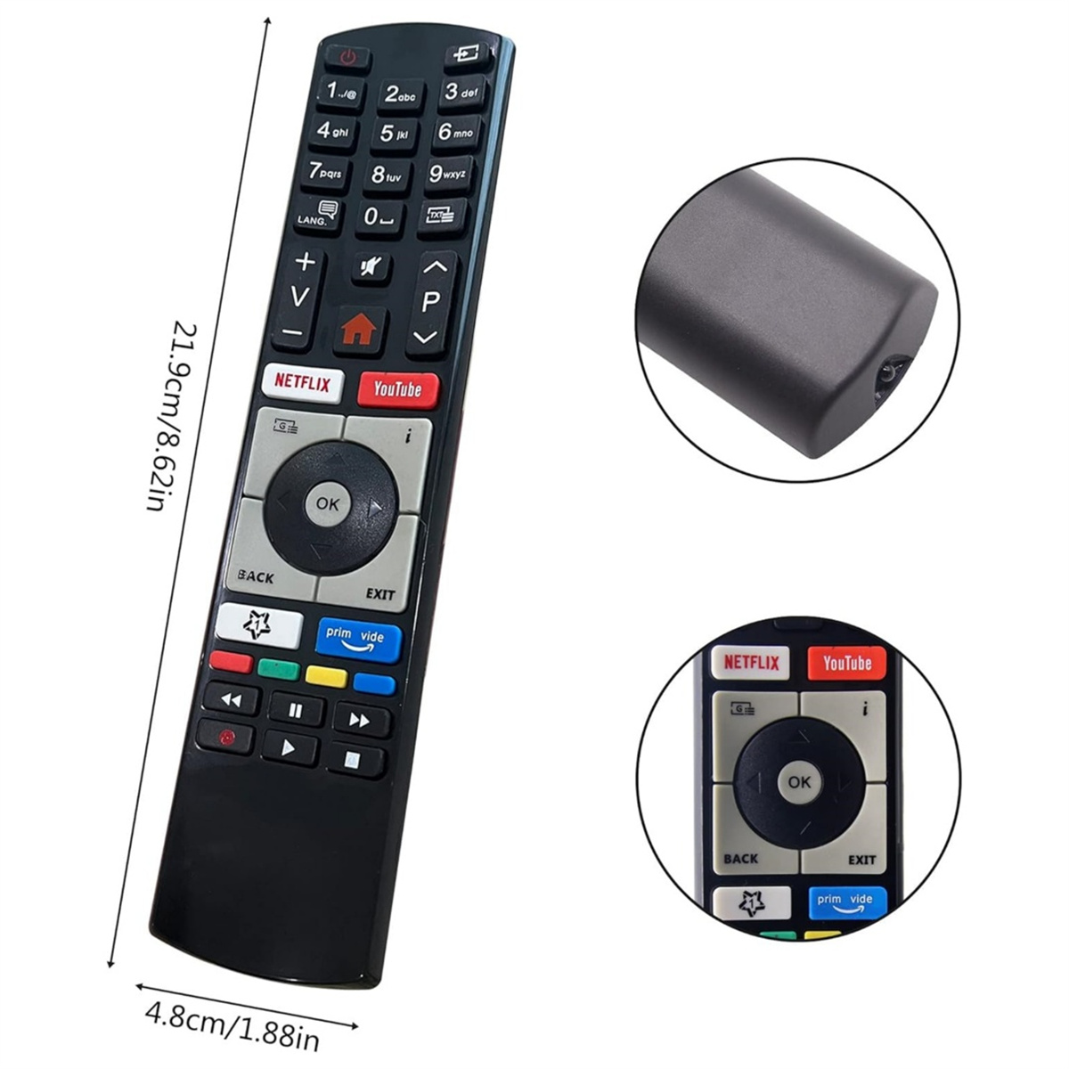 TV-Fernbedienung mit Netflix- und YouTube-Tasten. Abmessungen: 21,9 cm/8,62 Zoll lang, 4,8 cm/1,88 Zoll breit. Inklusive Detailansicht.