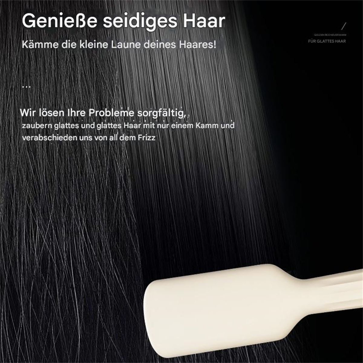Weißer Kamm bürstet eine Strähne schwarzes Haar. Text über seidiges Haar und Haarprobleme lösen.