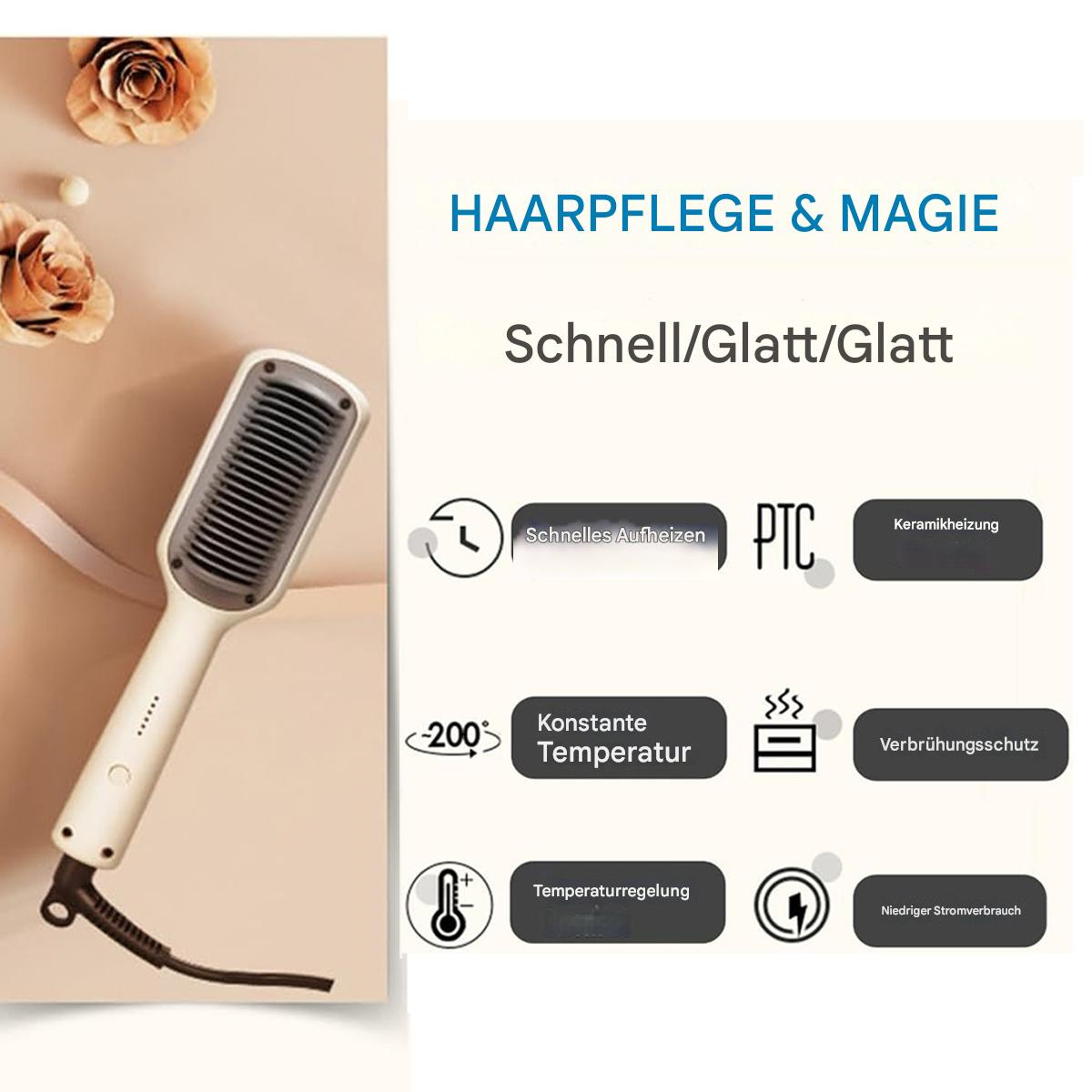 Eine weiße Haarglättungsbürste und Symbole. Die Bürste hat einen schwarzen Kamm und ein Netzkabel. Die Symbole zeigen Funktionen.