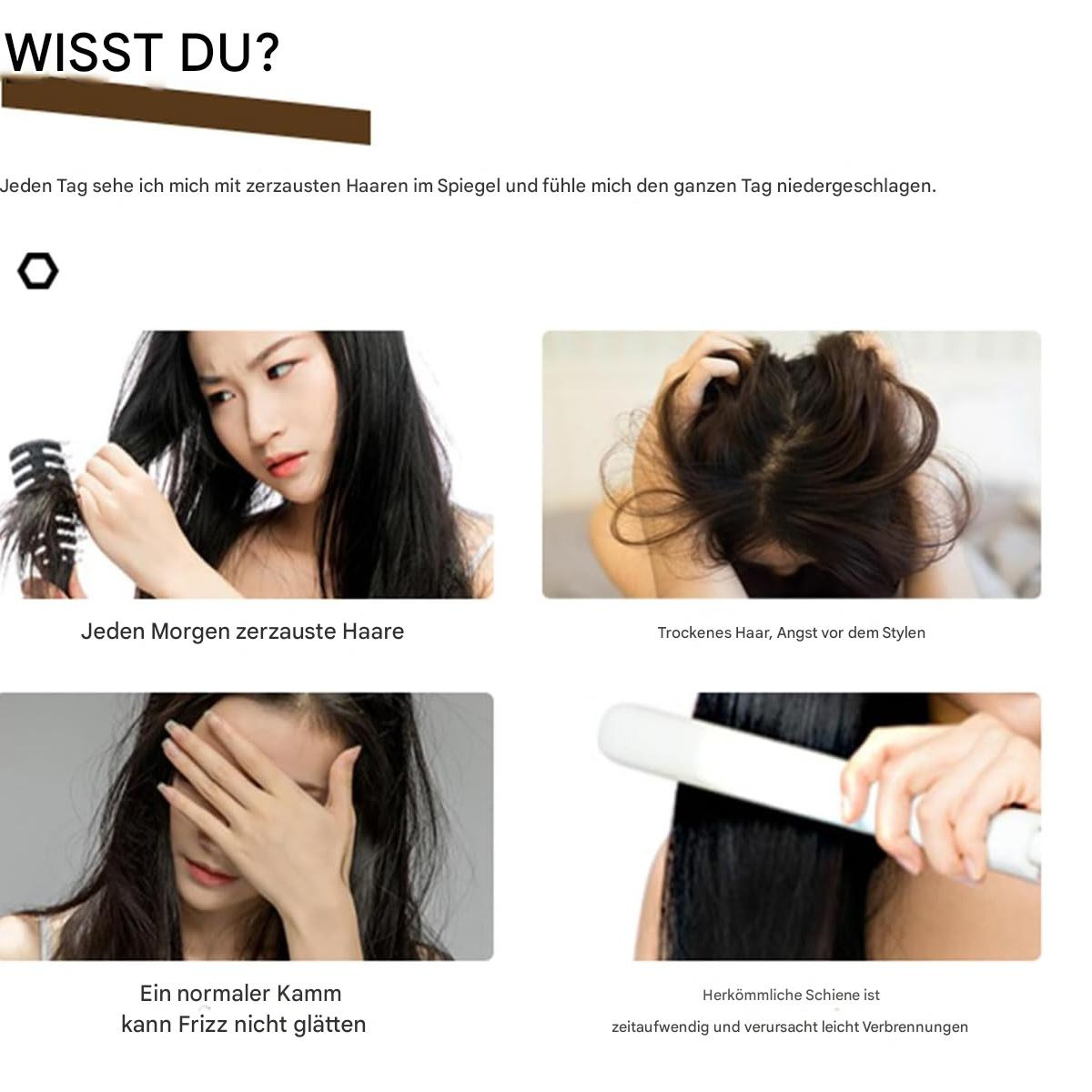 Bilder, die Haarprobleme veranschaulichen: Frizz, verknotetes Haar und die Verwendung eines Glätteisens.