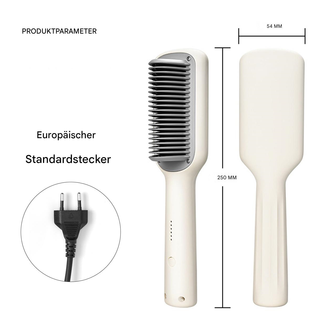Haarglätter, Draufsicht, mit Abmessungen. Zeigt den Steckertyp und die Maße: 250 mm Höhe, 54 mm Breite.