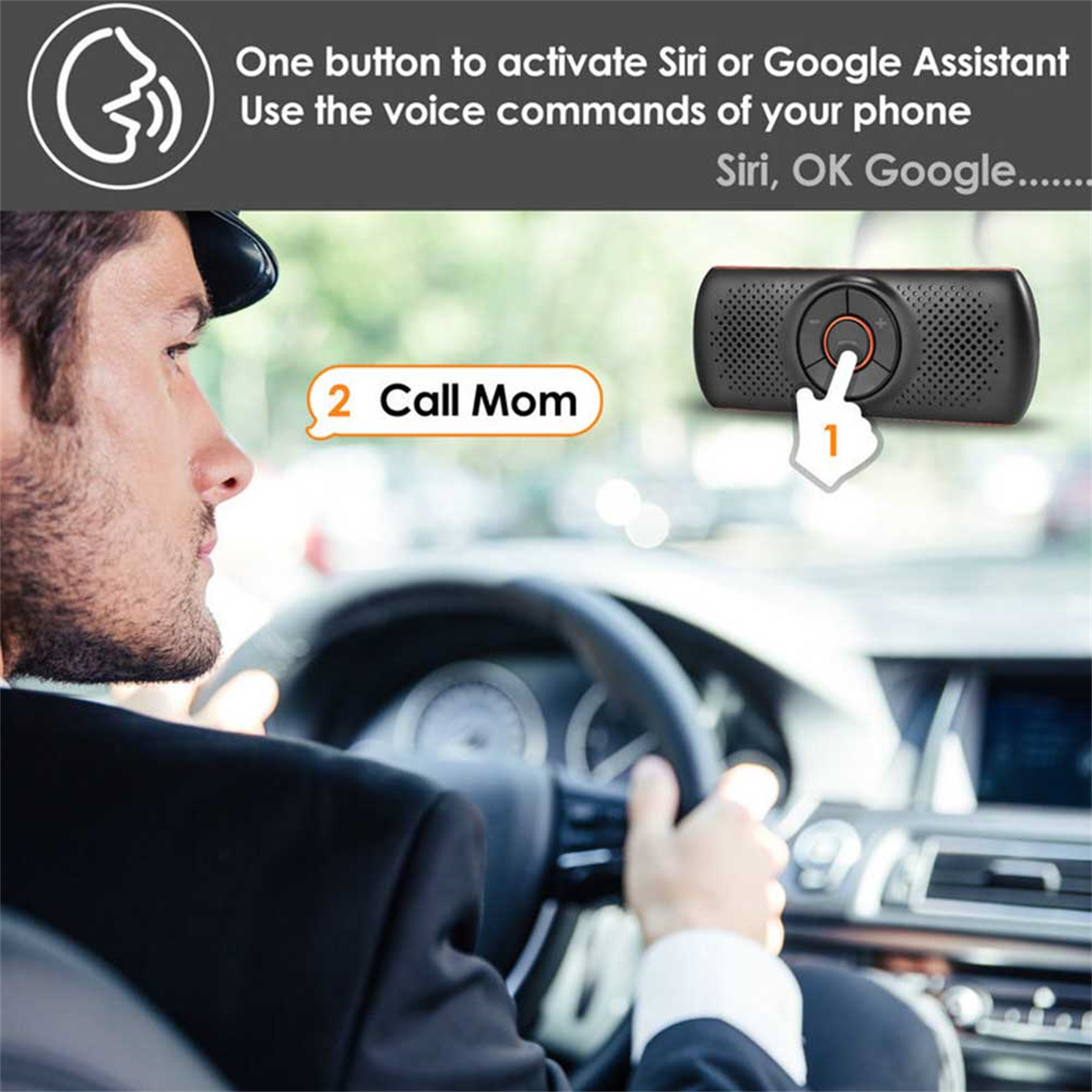 Ein Mann in einem Auto, der einen schwarzen Lautsprecher benutzt. Text: 'Call Mom'. Der Lautsprecher hat einen Knopf.