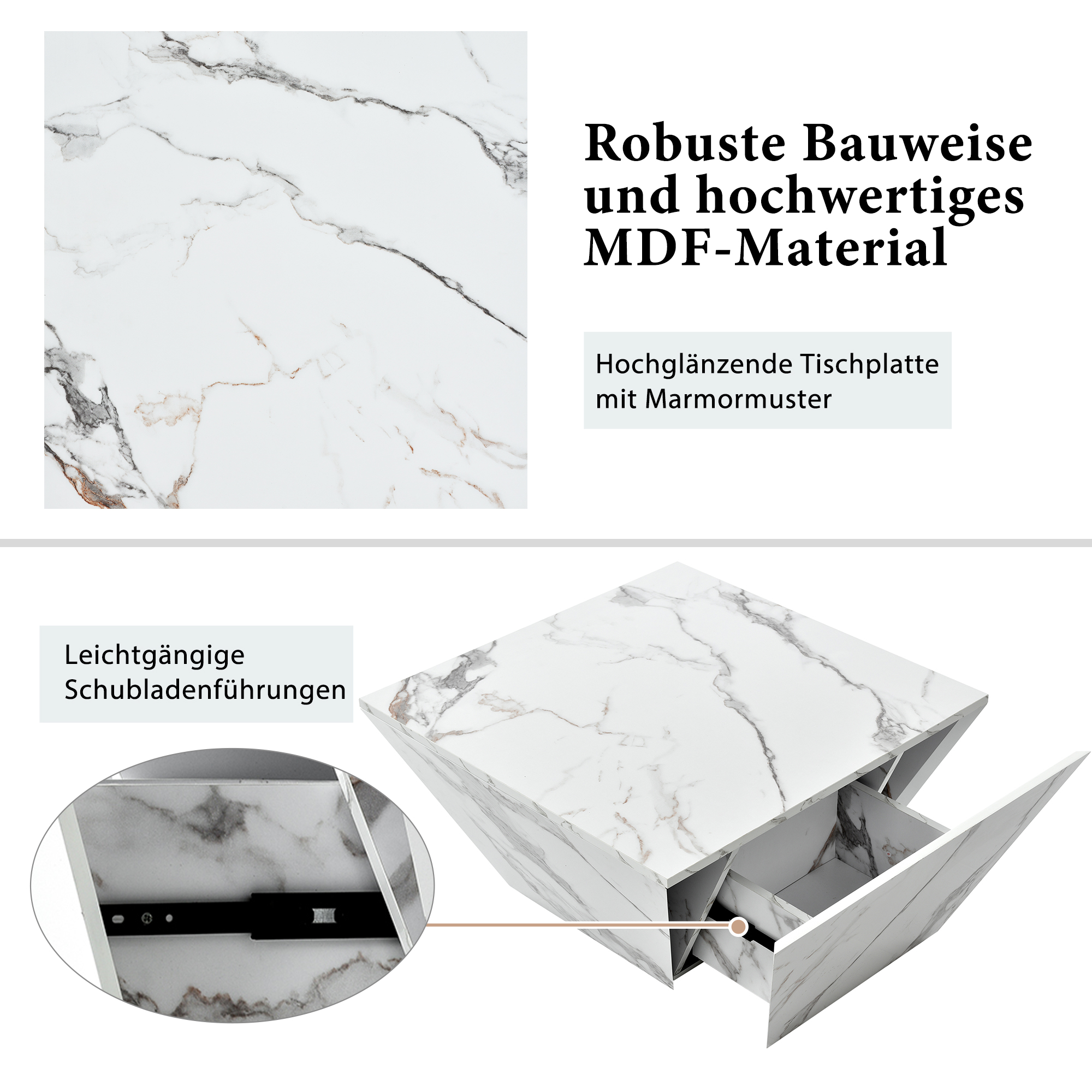Ein weißer quadratischer Couchtisch aus Marmor mit einer Schublade. Der Tisch hat Text, der seine Eigenschaften beschreibt.
