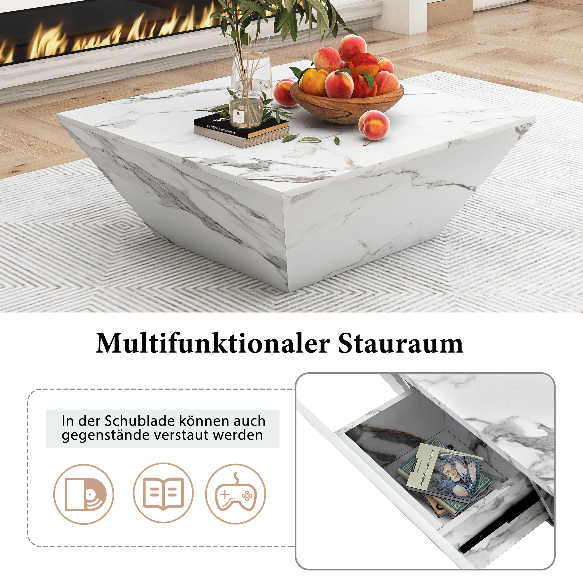 Ein weißer quadratischer Couchtisch aus Marmor mit einer Schublade, einer Vase und einer Schüssel Pfirsichen.