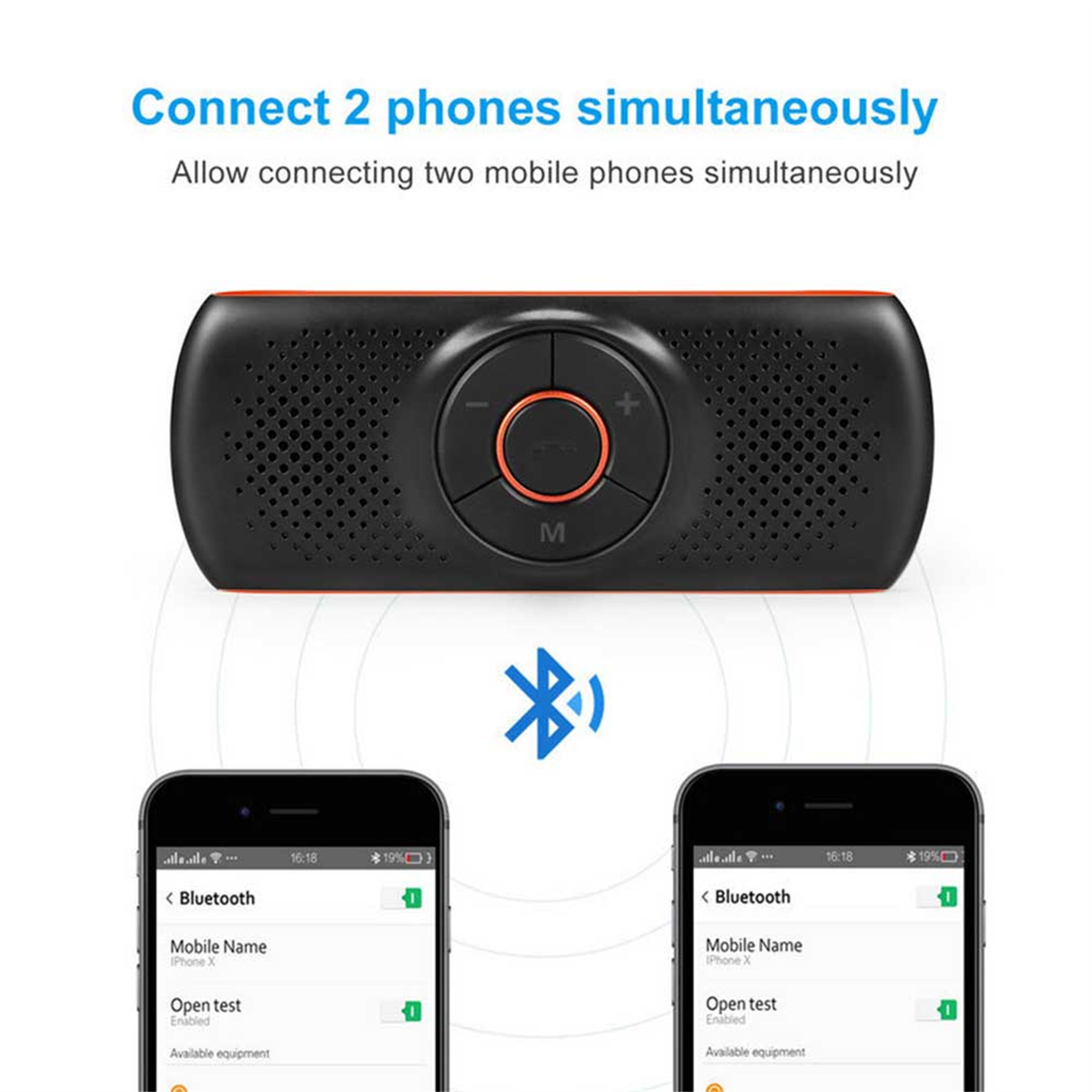 Ein schwarzer Lautsprecher mit orangefarbener Zierleiste und zwei Handys, die Bluetooth-Konnektivität anzeigen.