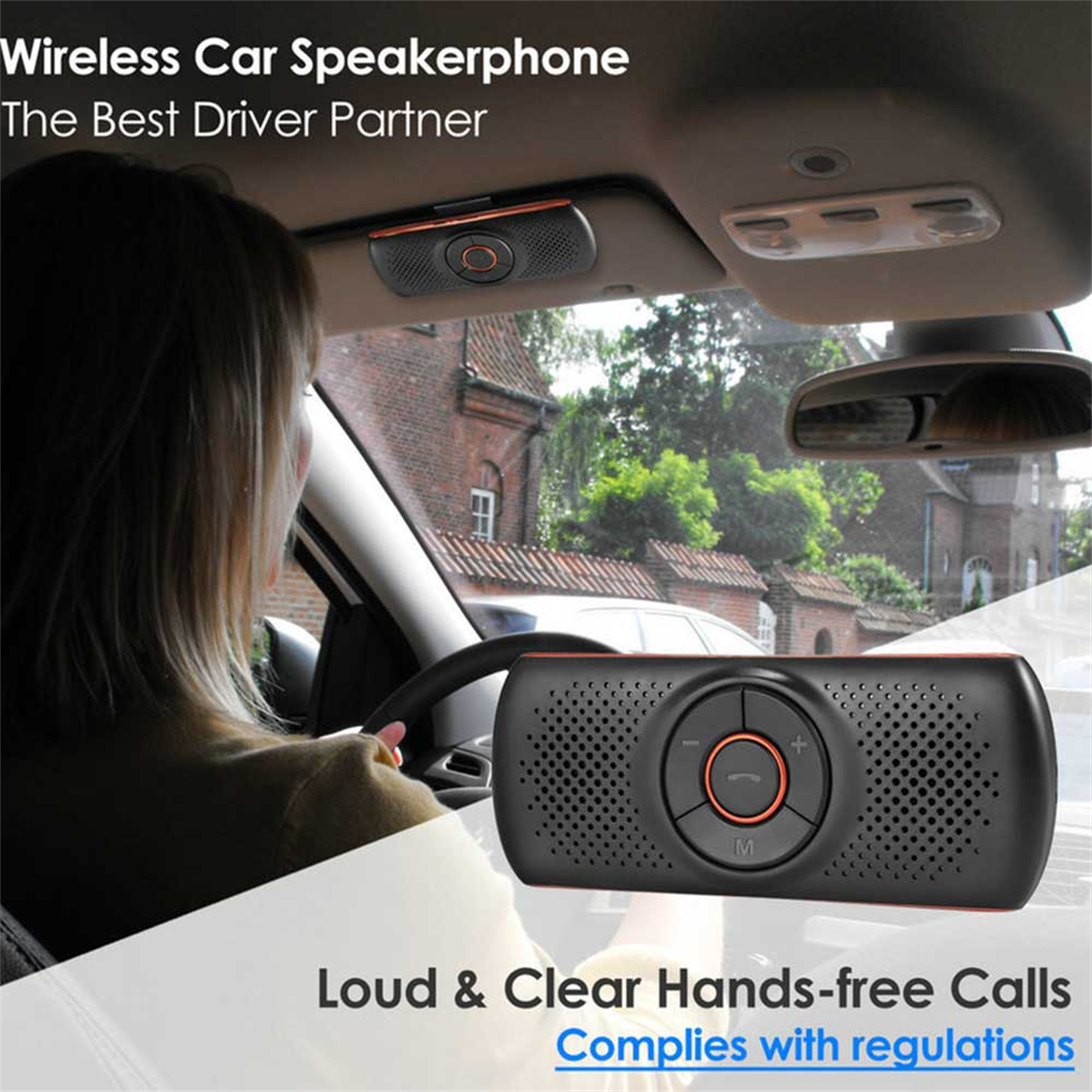 Ein Freisprechlautsprecher, montiert an der Sonnenblende eines Autos. Text: 'Wireless Car Speakerphone, The Best Driver Partner'.