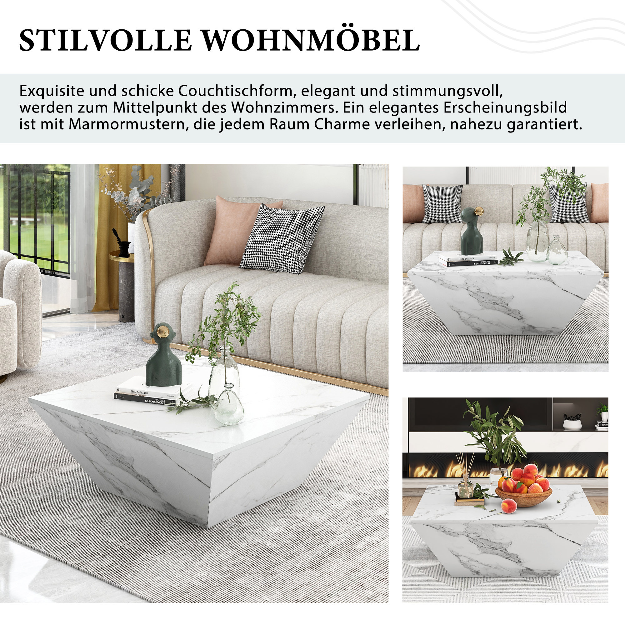 Ein Couchtisch in weißer Marmoroptik mit Vasen darauf. Verschiedene Raumeinstellungen werden gezeigt.