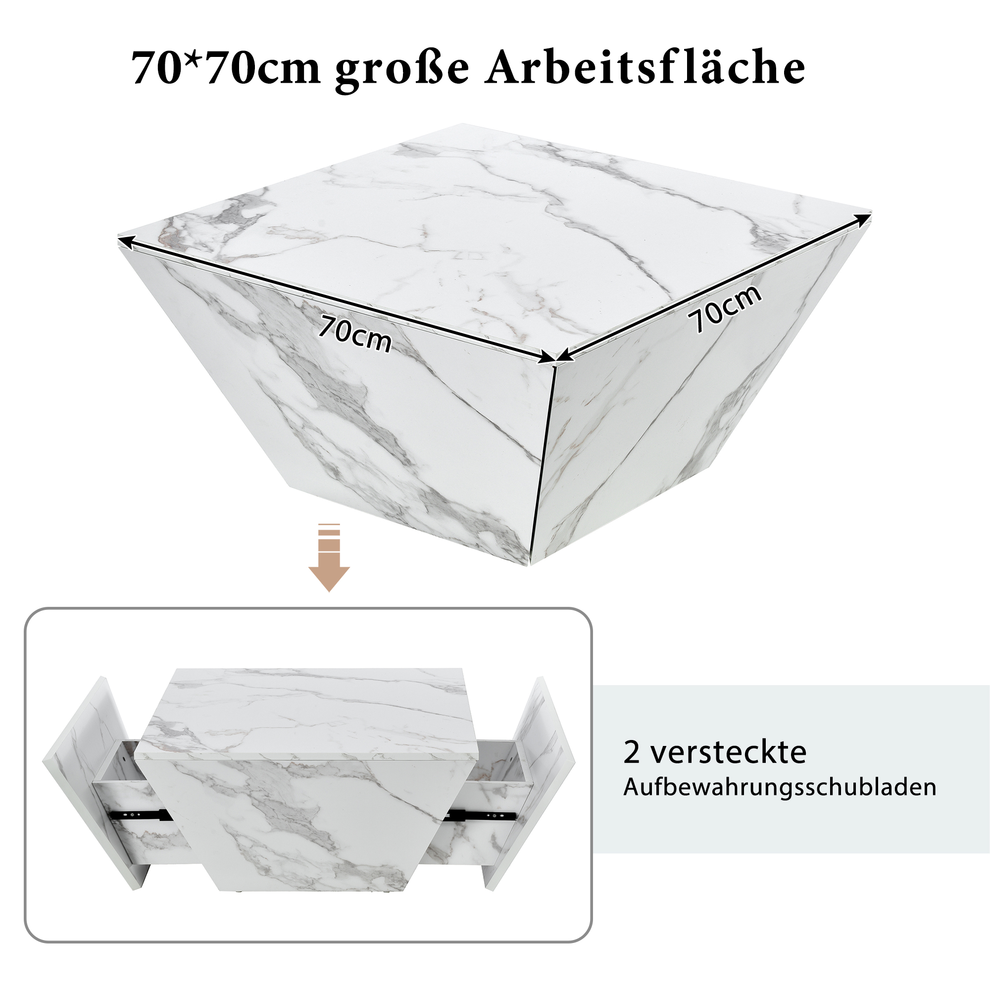 Ein weißer quadratischer Couchtisch aus Marmor mit Schubladen. Der Tisch hat Abmessungen darauf geschrieben.