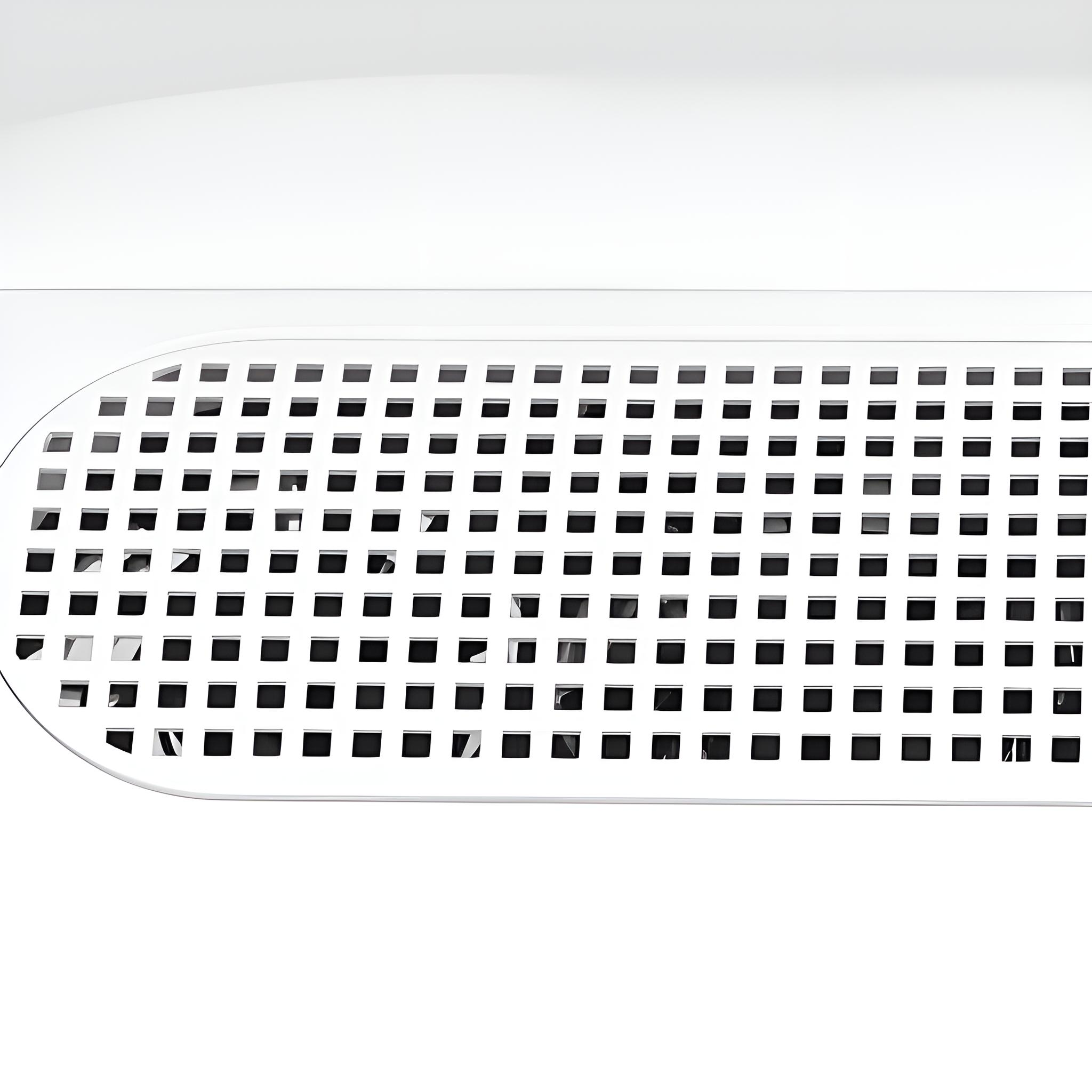 Nahaufnahme einer weißen Oberfläche mit Gittermuster, wahrscheinlich für Belüftung oder Design.