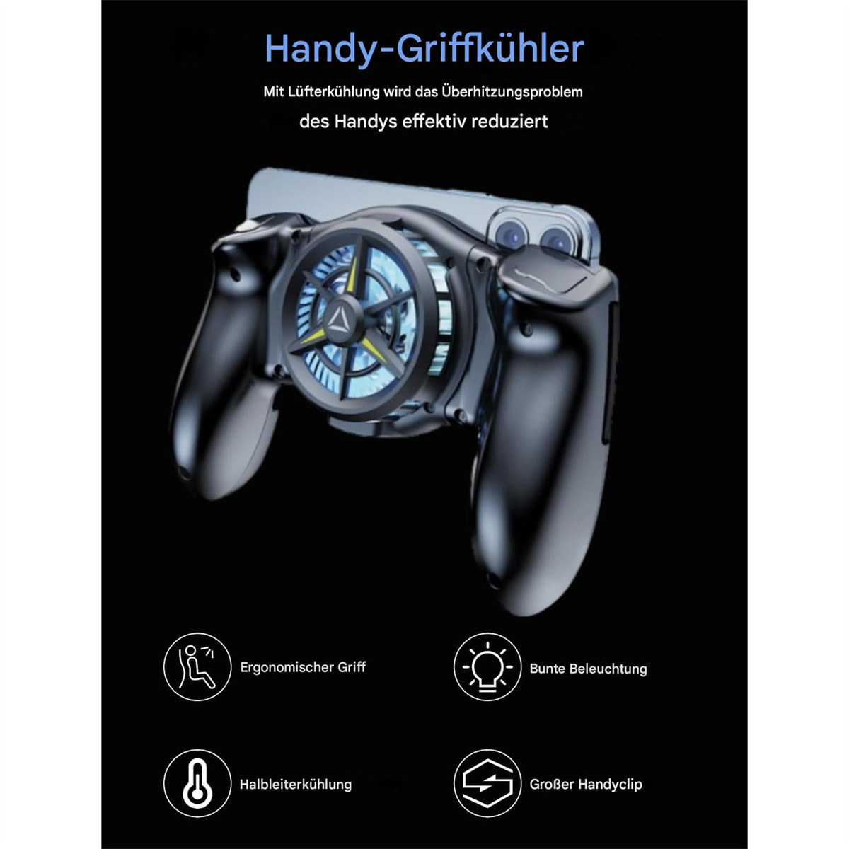 Schwarzer Gamecontroller mit befestigtem Telefon, zeigt einen Lüfter zur Kühlung, mit Symbolen darunter.