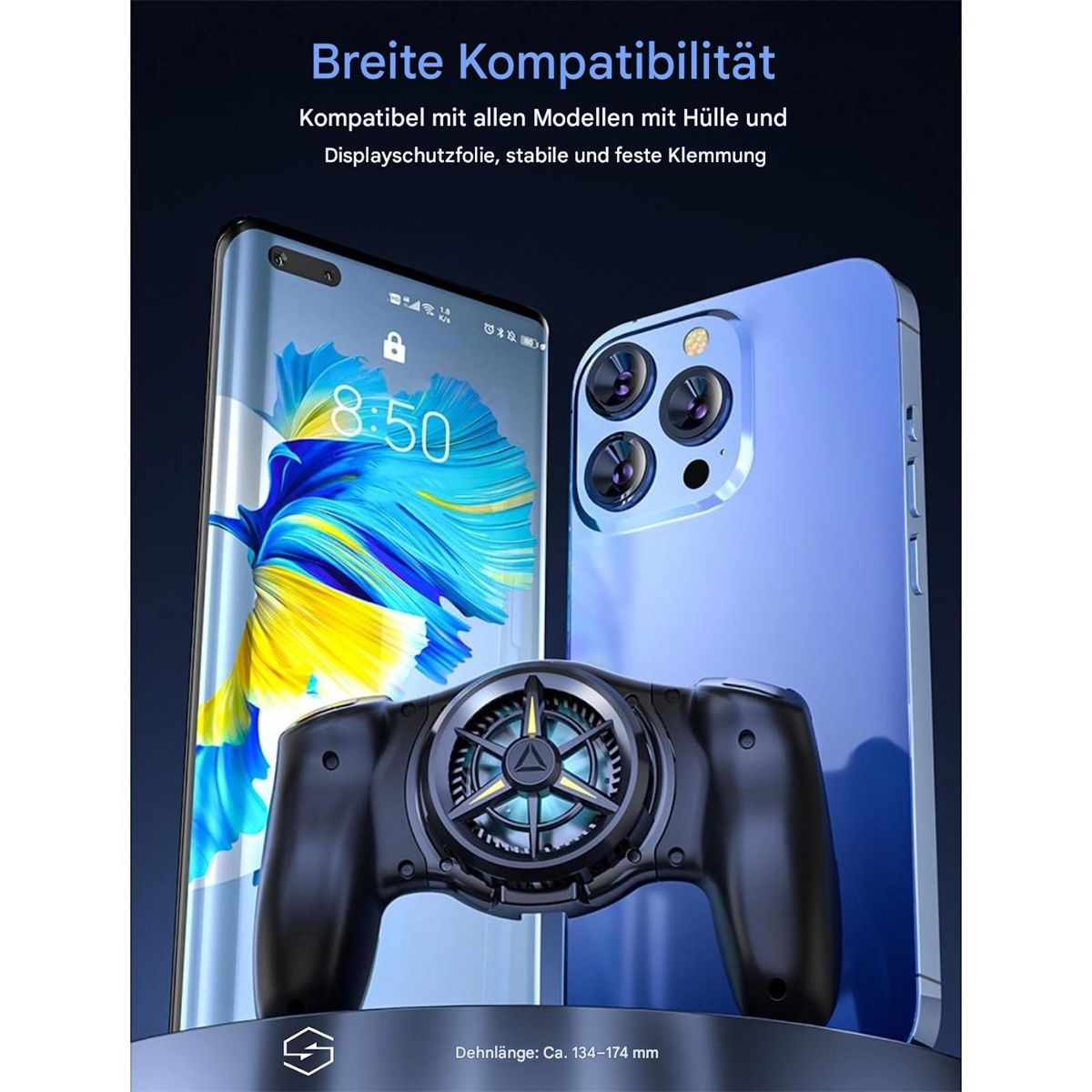 Ein schwarzer Gamecontroller mit einem Lüfter und zwei Telefonen, eines blau und eines silber.