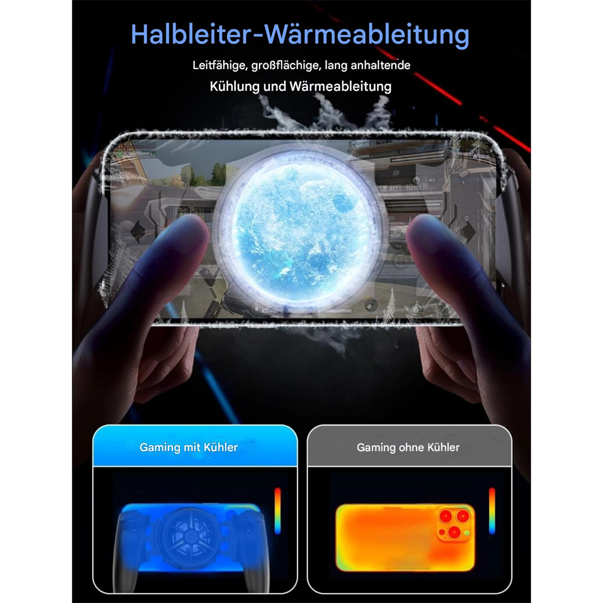 Bild zeigt ein Telefon mit blauem kreisförmigen Kühleffekt, Hände halten das Telefon.